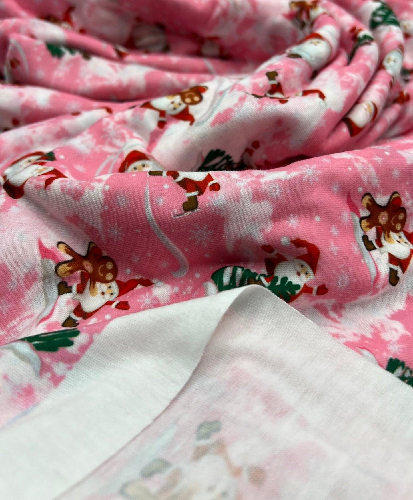 Pink Santa Print Soft Spun Poly Stretch Fabric - T9 Fabrics