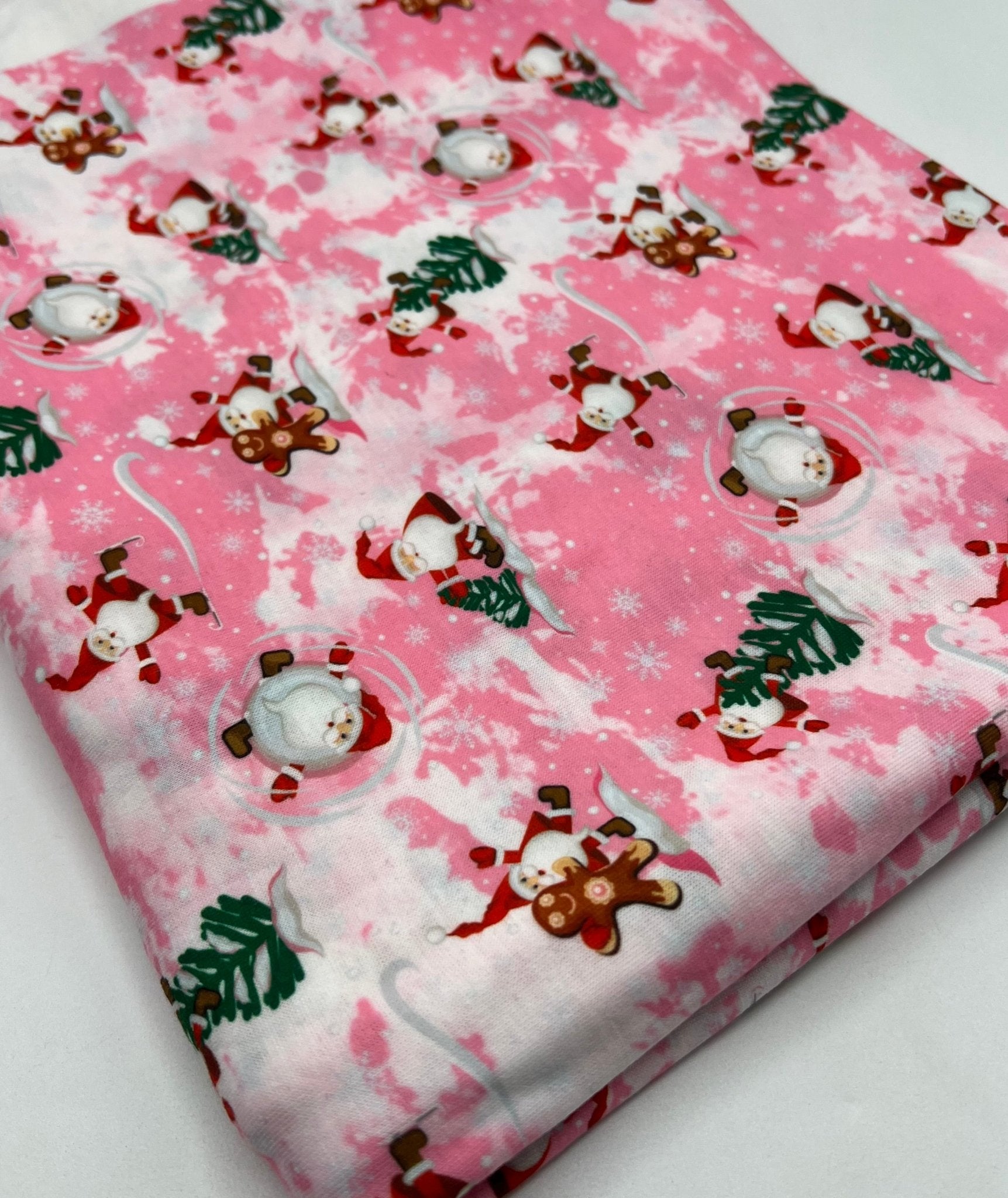 Pink Santa Print Soft Spun Poly Stretch Fabric - T9 Fabrics