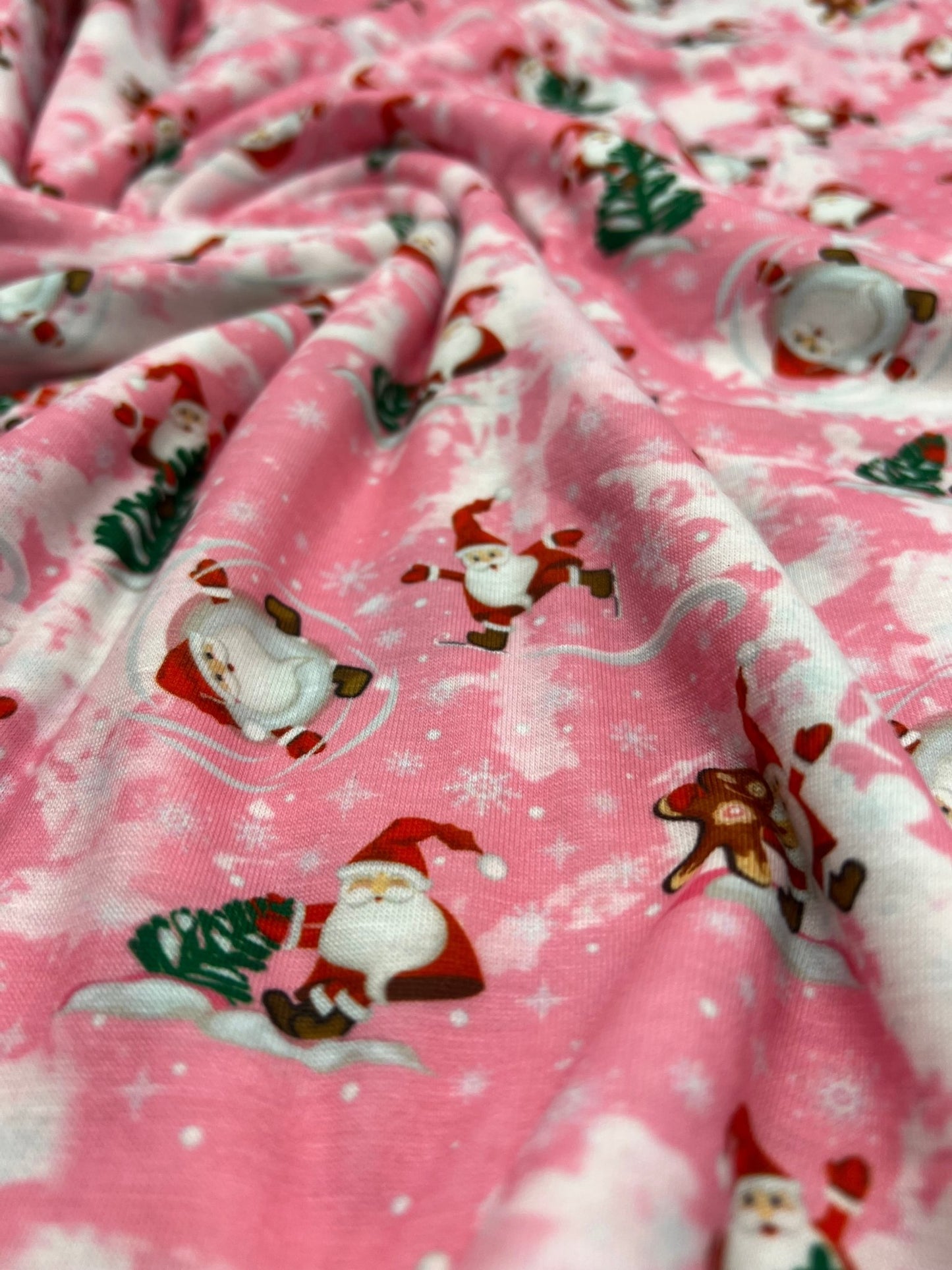 Pink Santa Print Soft Spun Poly Stretch Fabric - T9 Fabrics