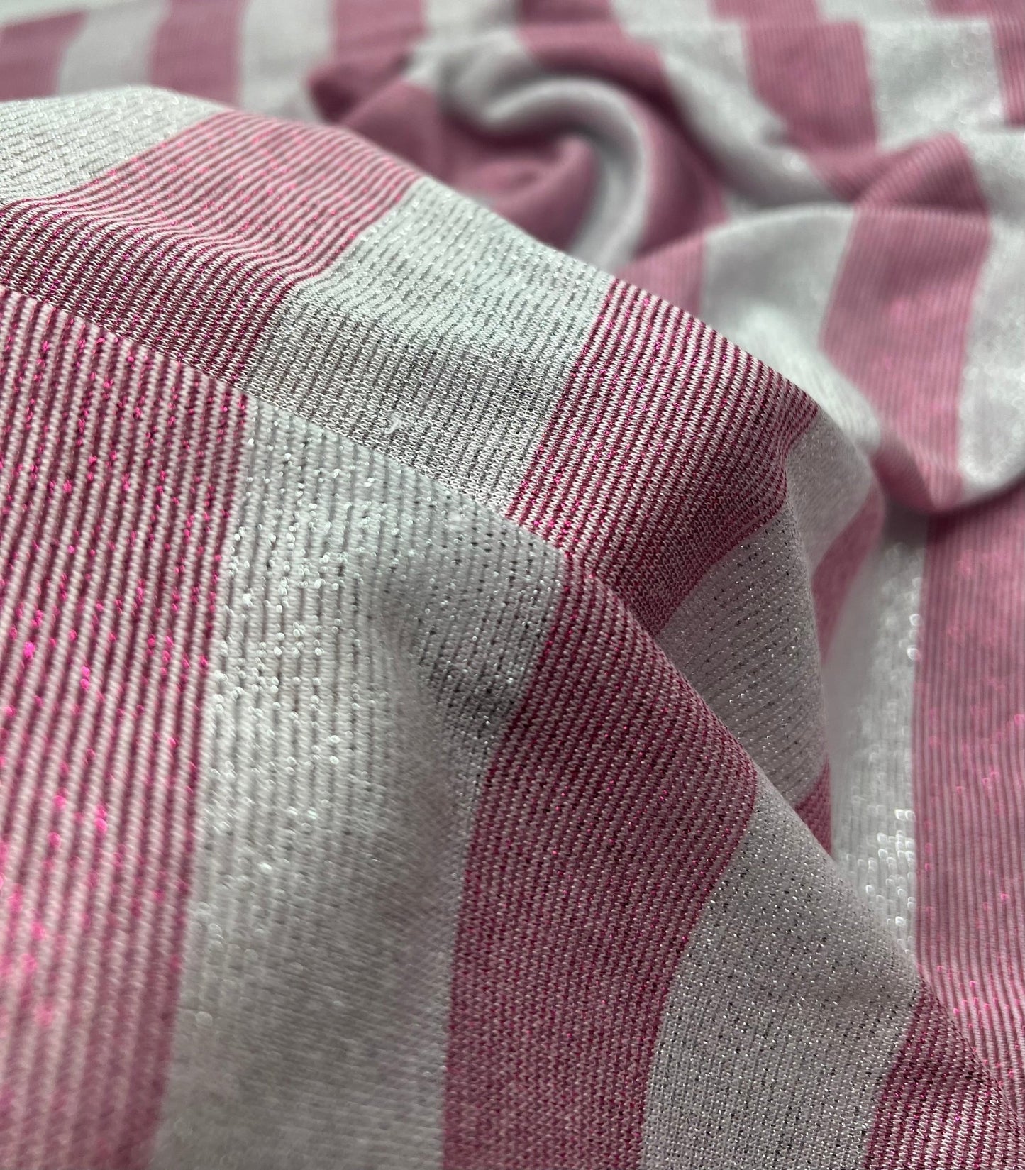 Pink Silver Metallic Stripe Knitted 2 Way Stretch Fabric - T9 Fabrics