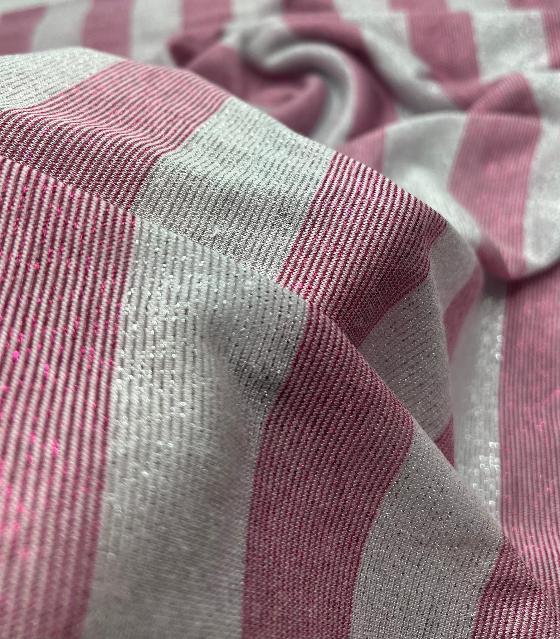 Pink Silver Metallic Stripe Knitted 2 Way Stretch Fabric - T9 Fabrics