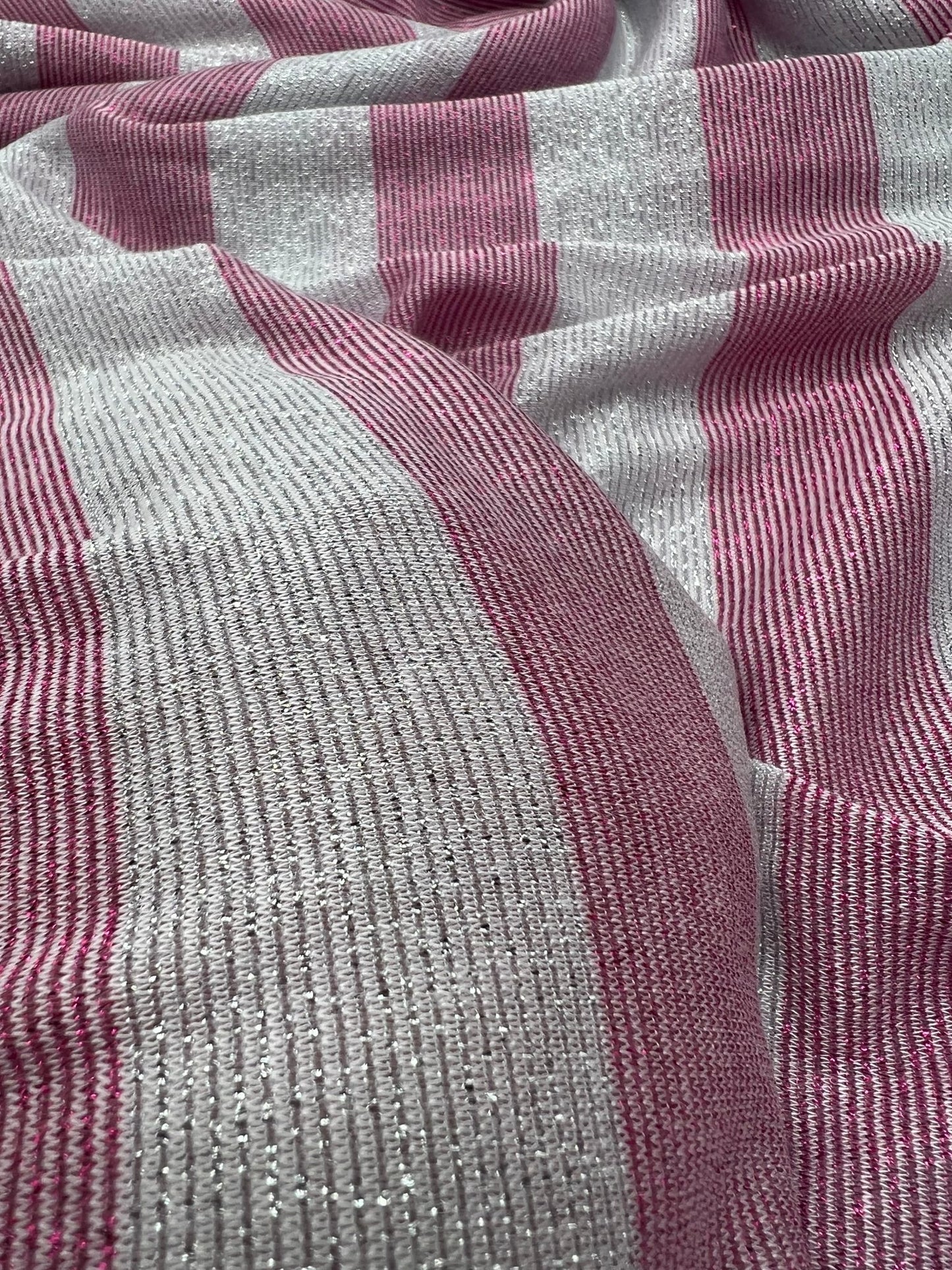 Pink Silver Metallic Stripe Knitted 2 Way Stretch Fabric - T9 Fabrics