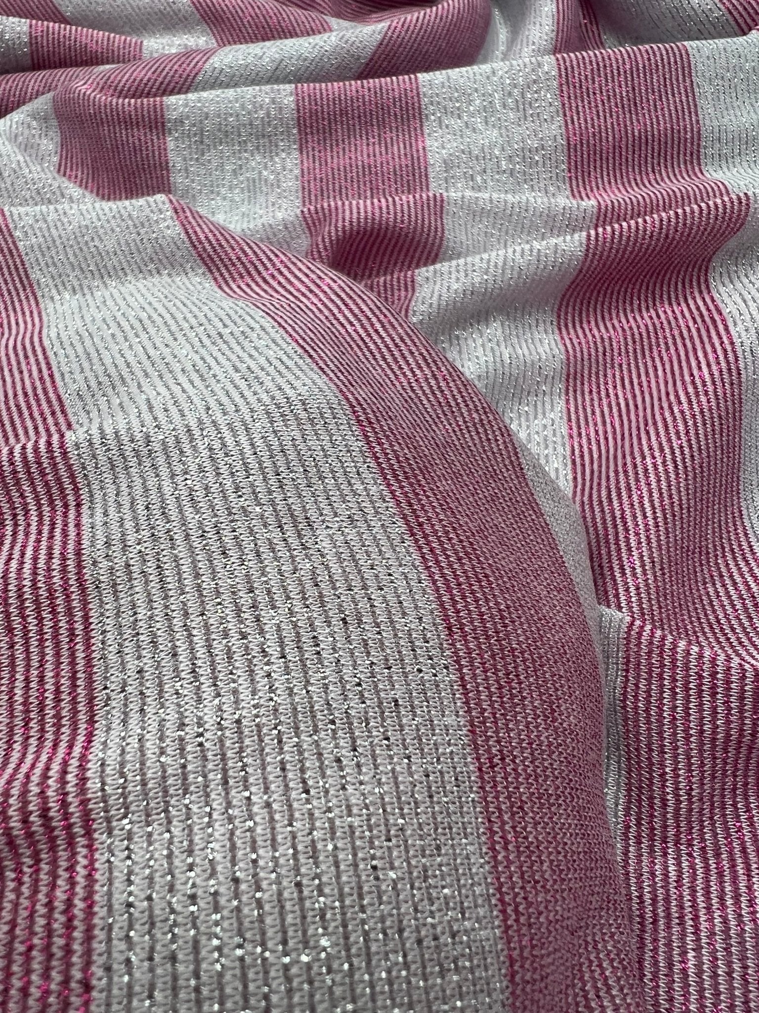 Pink Silver Metallic Stripe Knitted 2 Way Stretch Fabric - T9 Fabrics