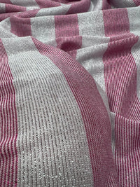 Pink Silver Metallic Stripe Knitted 2 Way Stretch Fabric - T9 Fabrics