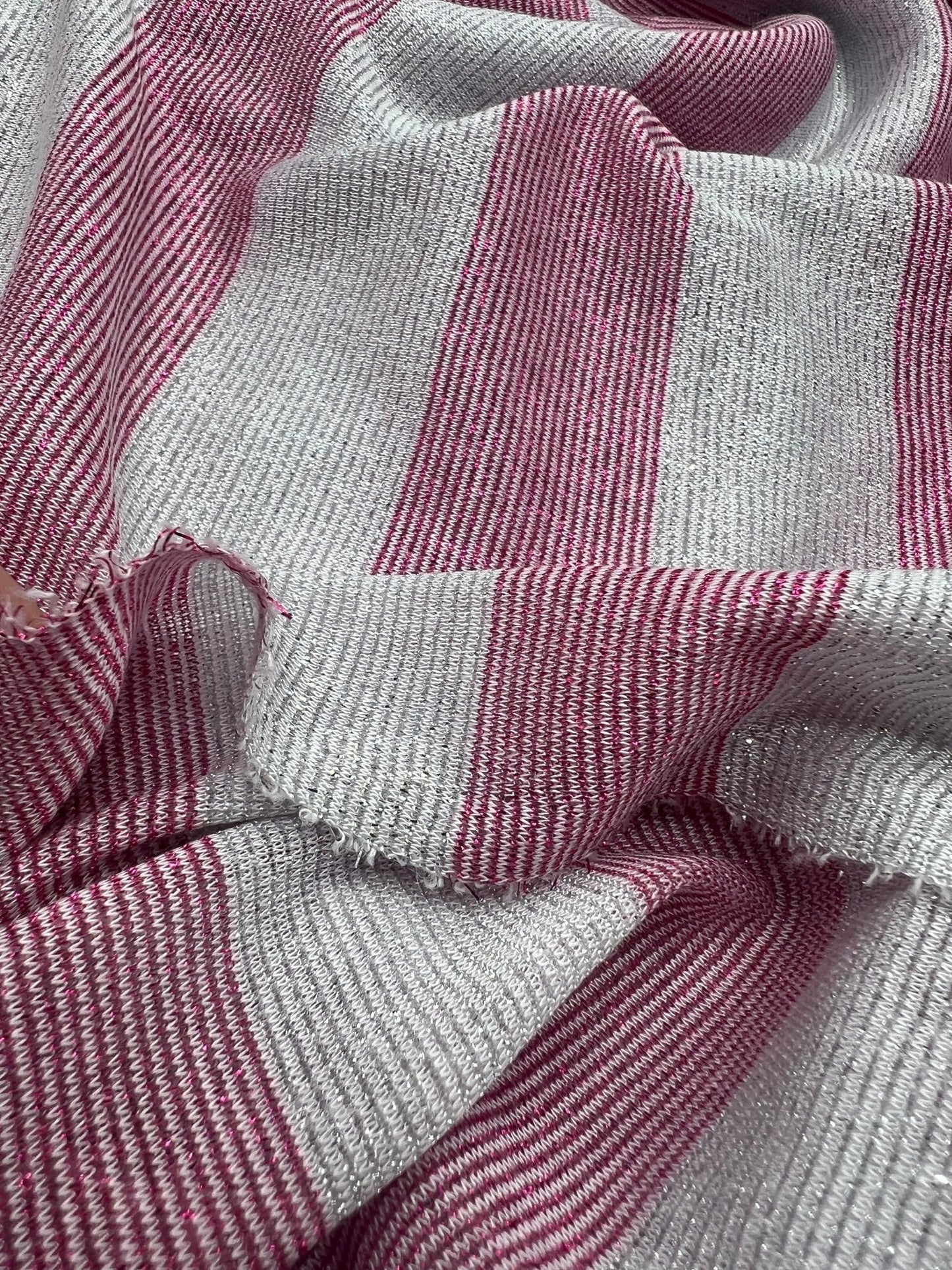 Pink Silver Metallic Stripe Knitted 2 Way Stretch Fabric - T9 Fabrics