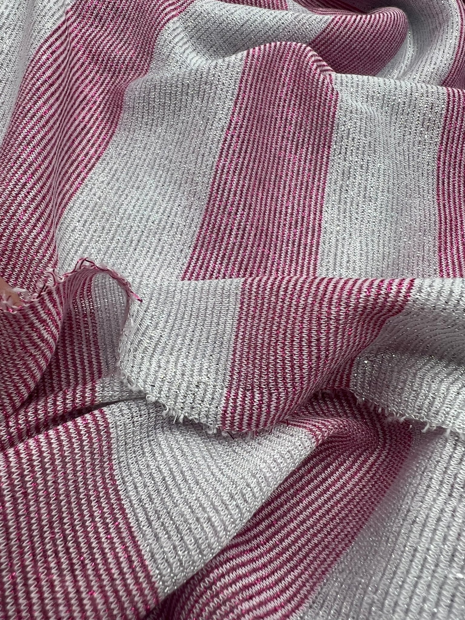 Pink Silver Metallic Stripe Knitted 2 Way Stretch Fabric - T9 Fabrics
