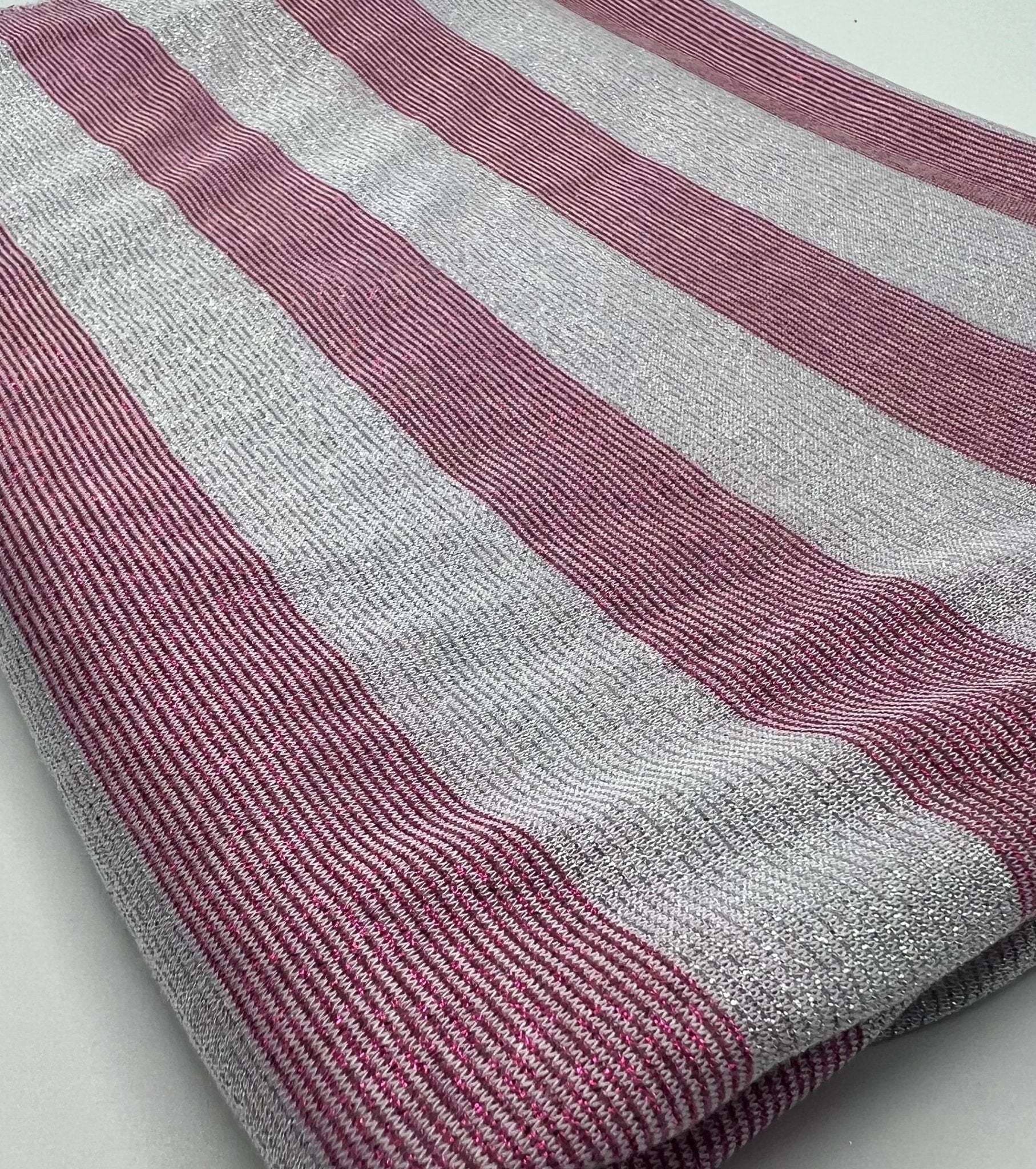 Pink Silver Metallic Stripe Knitted 2 Way Stretch Fabric - T9 Fabrics
