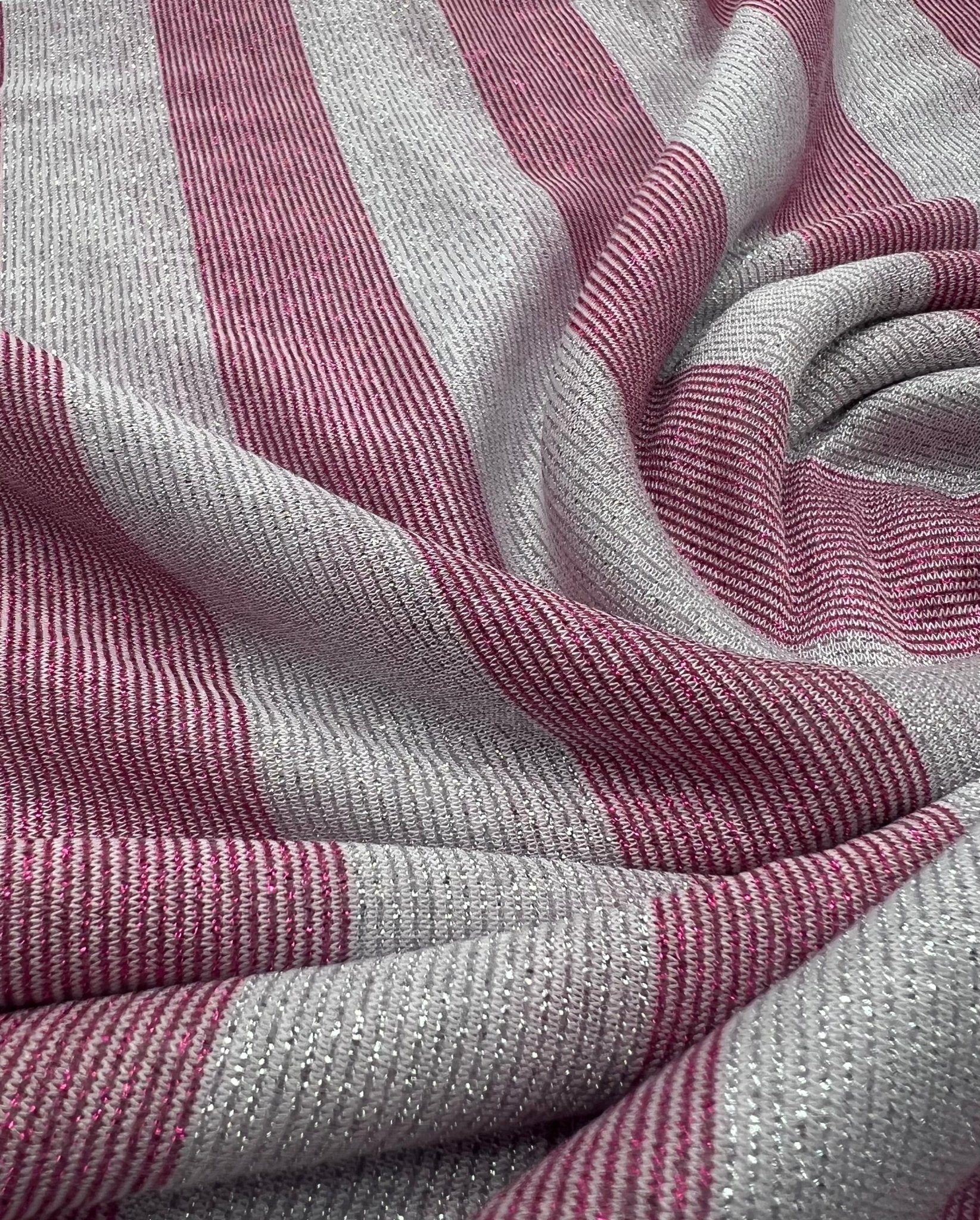 Pink Silver Metallic Stripe Knitted 2 Way Stretch Fabric - T9 Fabrics