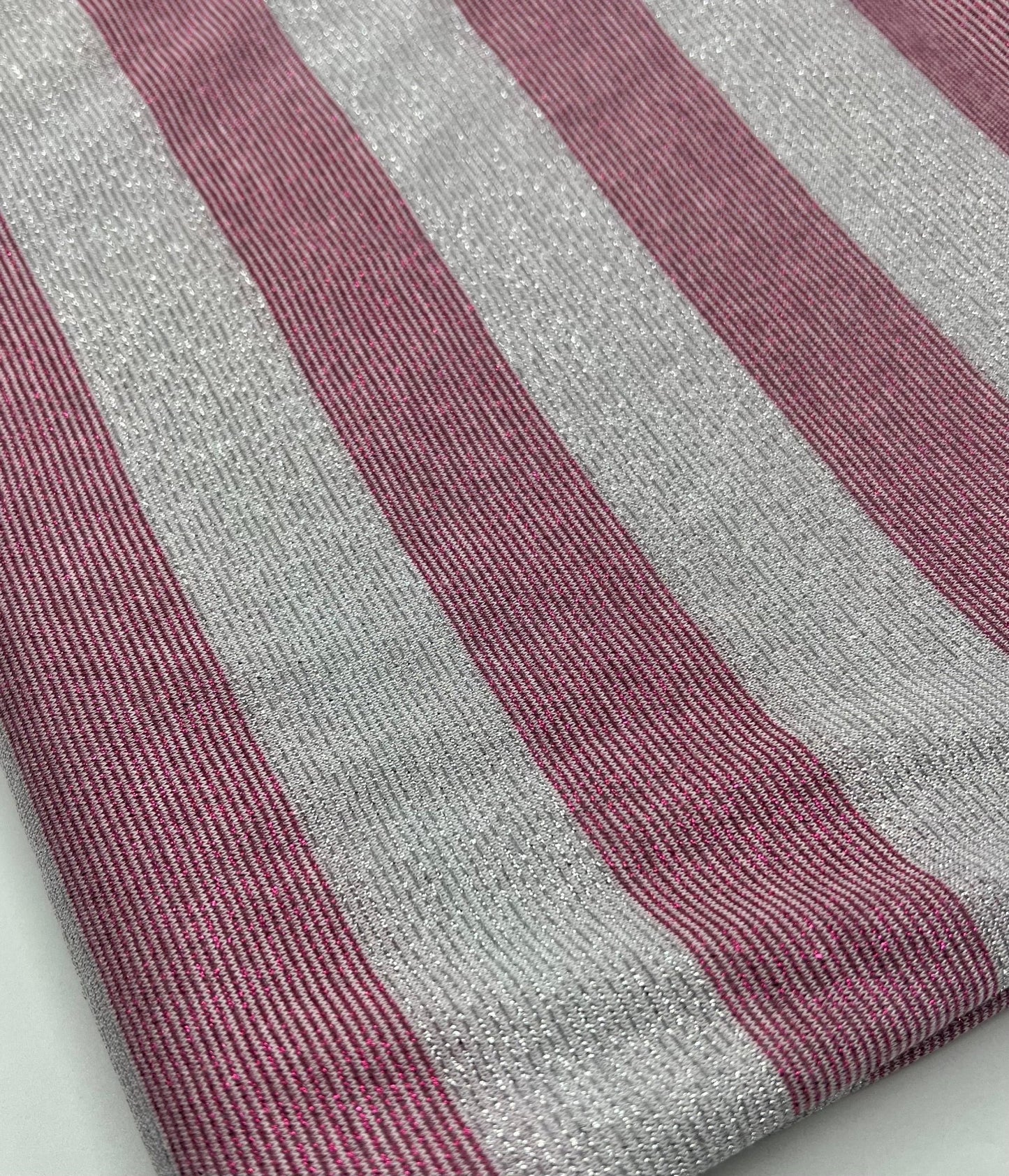 Pink Silver Metallic Stripe Knitted 2 Way Stretch Fabric - T9 Fabrics