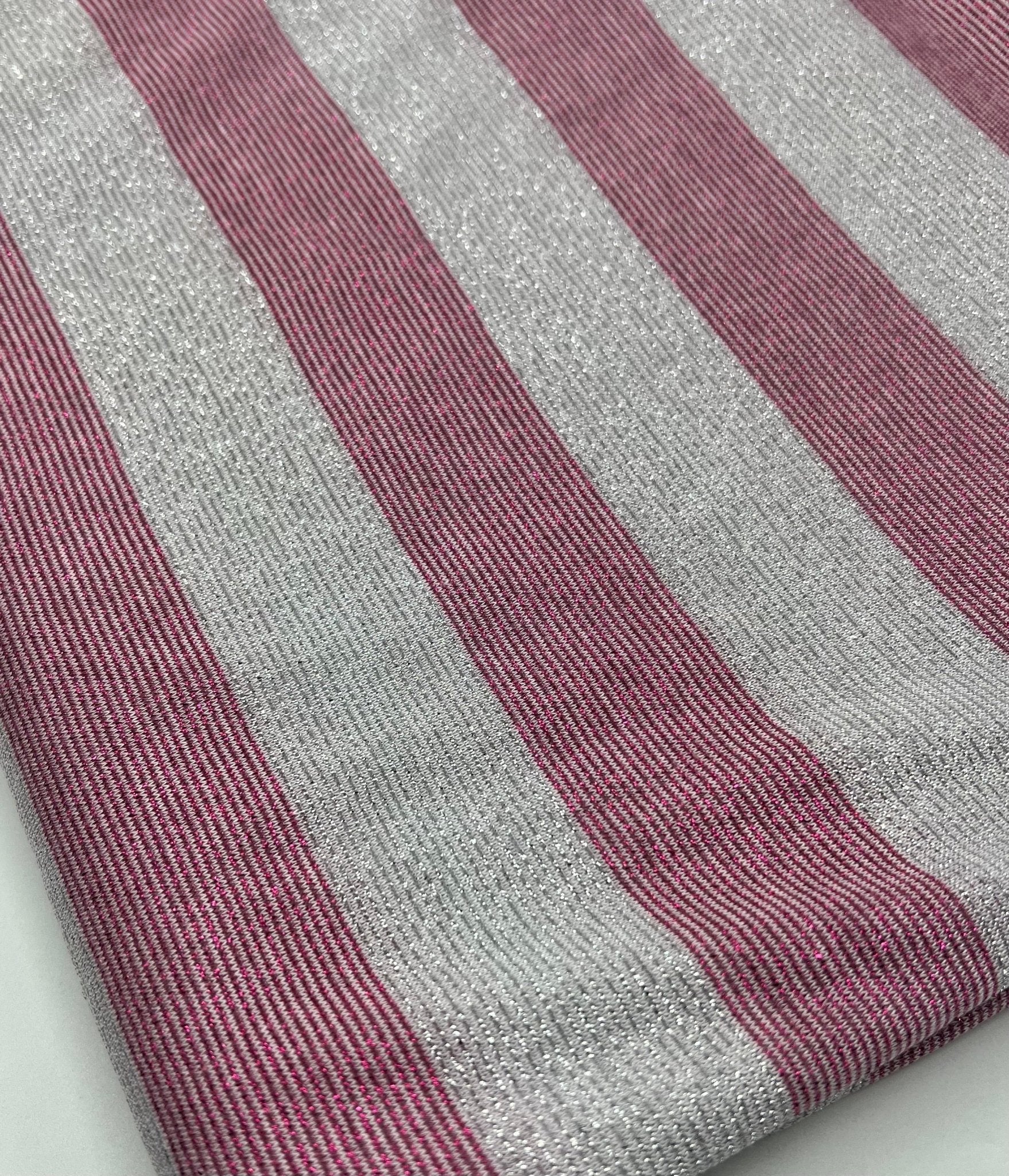 Pink Silver Metallic Stripe Knitted 2 Way Stretch Fabric - T9 Fabrics
