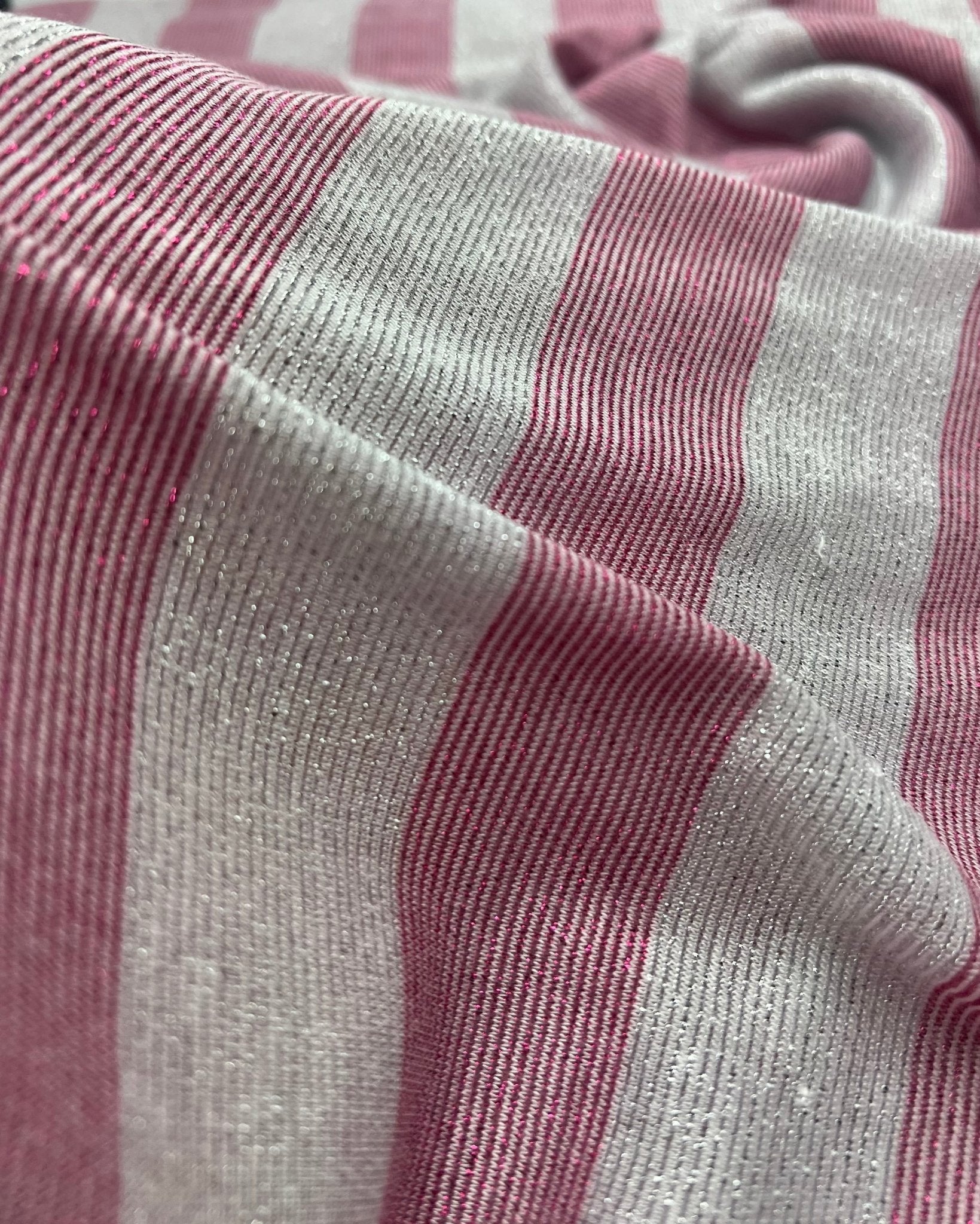 Pink Silver Metallic Stripe Knitted 2 Way Stretch Fabric - T9 Fabrics