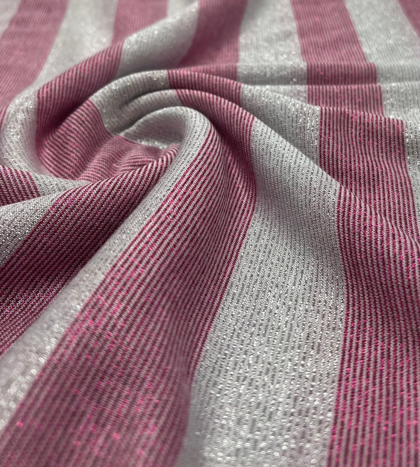 Pink Silver Metallic Stripe Knitted 2 Way Stretch Fabric - T9 Fabrics