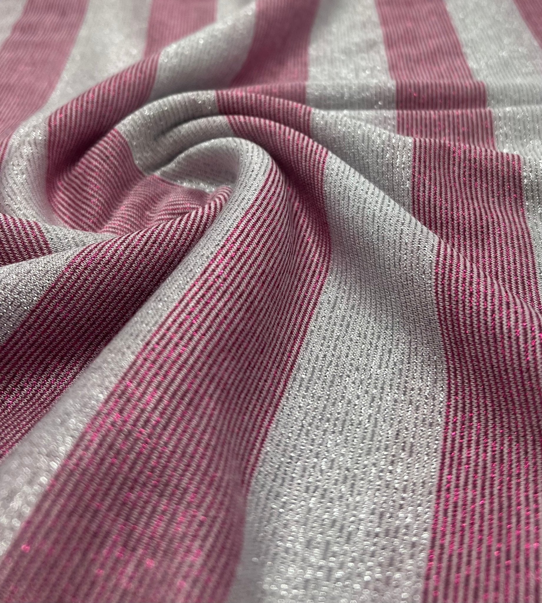 Pink Silver Metallic Stripe Knitted 2 Way Stretch Fabric - T9 Fabrics
