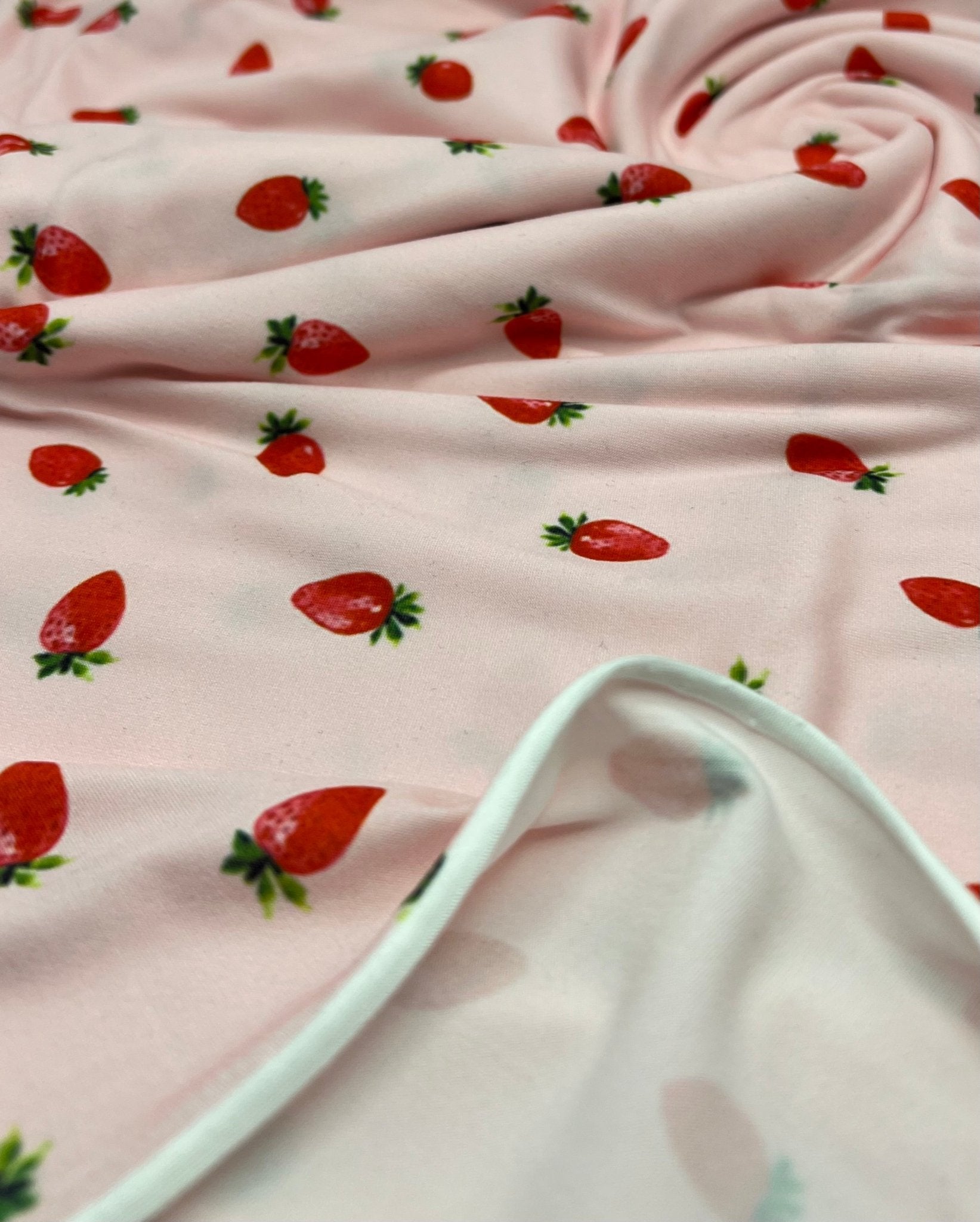 Pink Strawberrys Super Soft Print Spun Poly Stretch Fabric - T9 Fabrics