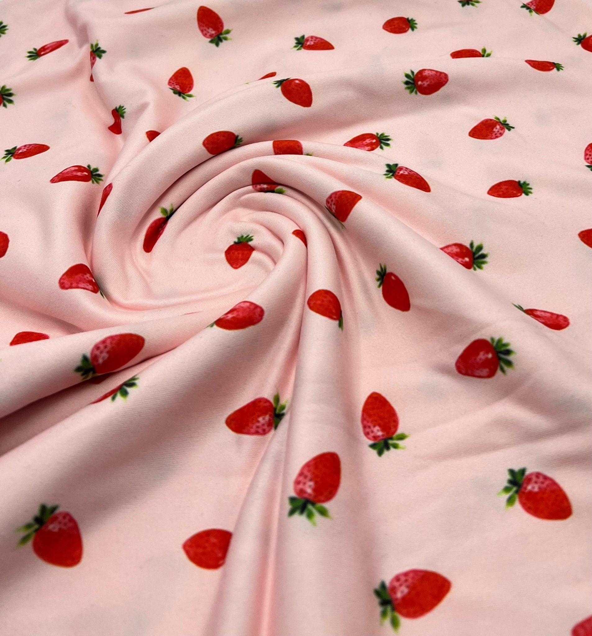 Pink Strawberrys Super Soft Print Spun Poly Stretch Fabric - T9 Fabrics