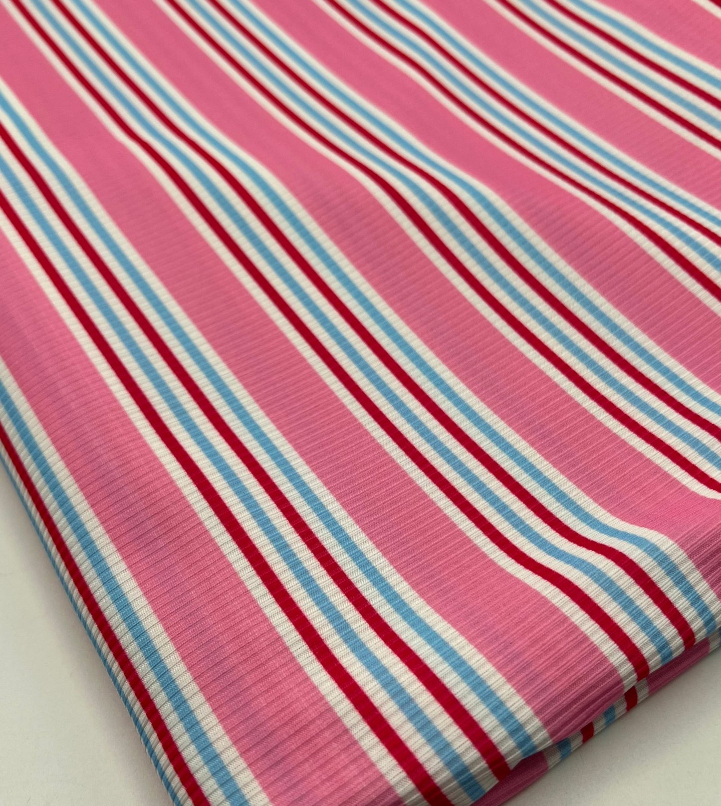 Pink Stripe Print 2X1 Fine Rib Stretch Fabric - T9 Fabrics