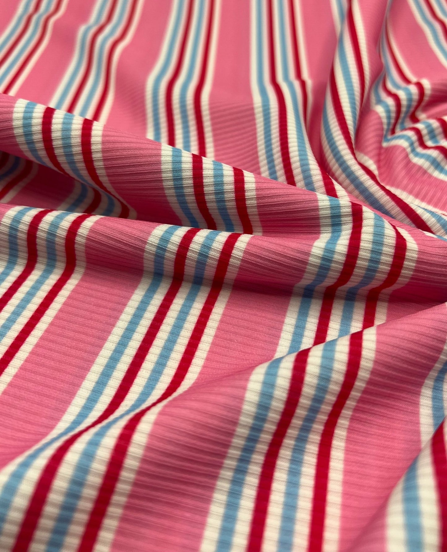 Pink Stripe Print 2X1 Fine Rib Stretch Fabric - T9 Fabrics