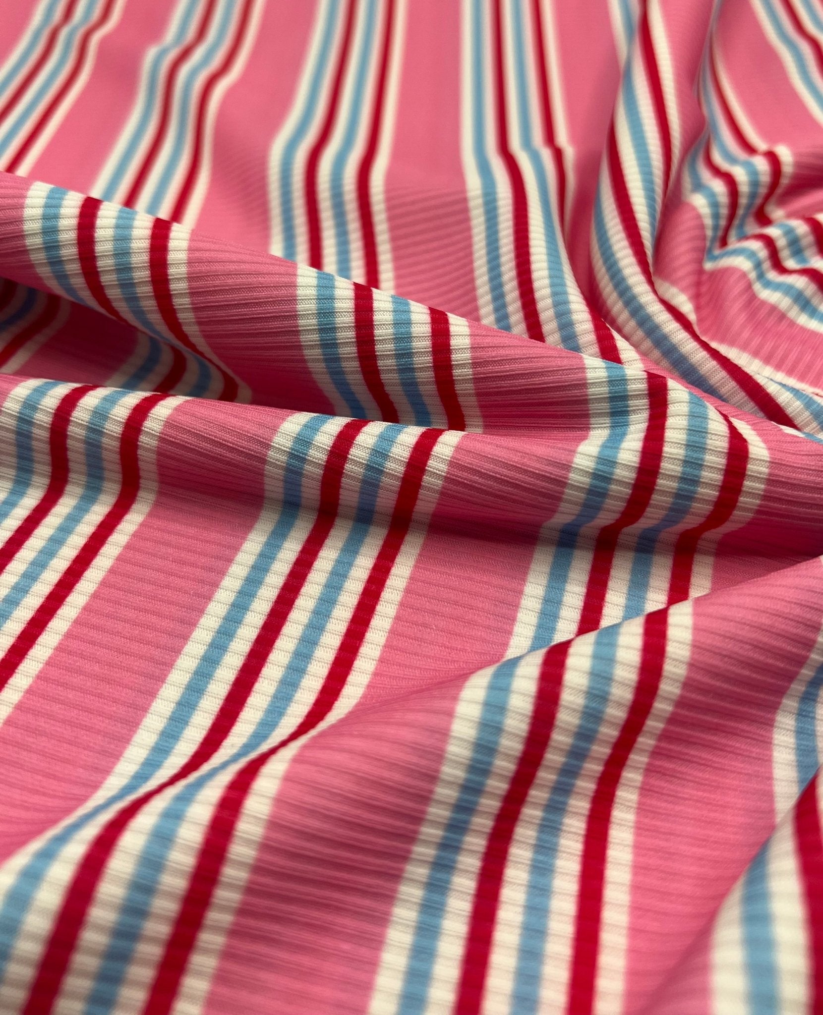 Pink Stripe Print 2X1 Fine Rib Stretch Fabric - T9 Fabrics