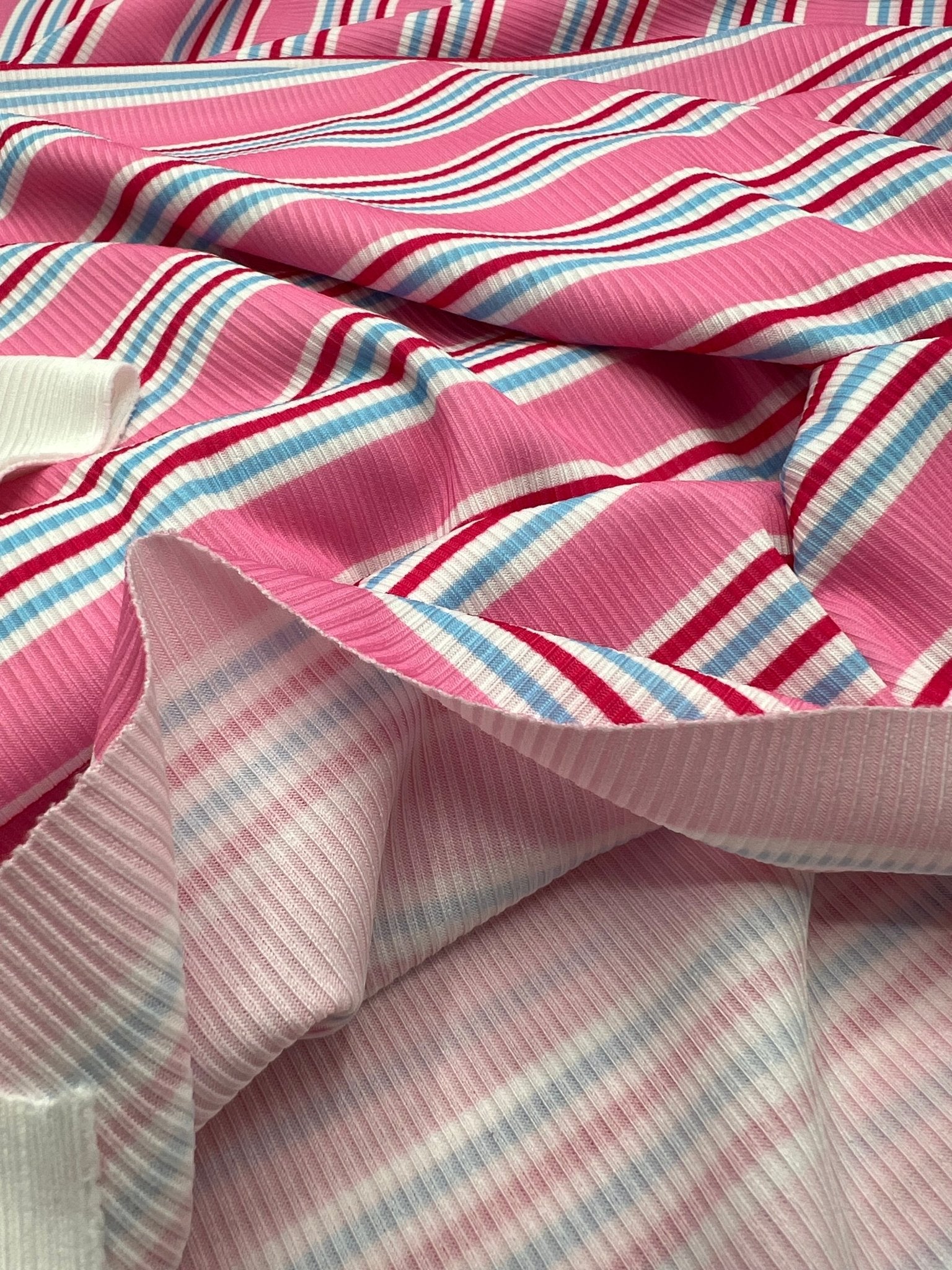 Pink Stripe Print 2X1 Fine Rib Stretch Fabric - T9 Fabrics