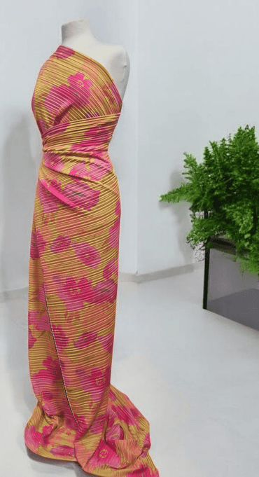 Pink Yellow Floral Multi Print Plisse Pleated Stretch Fabric - T9 Fabrics
