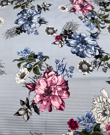 Pinstripe Blue Floral Printed Scuba Crepe Jersey Fabric 4 Way Stretch - T9 Fabrics