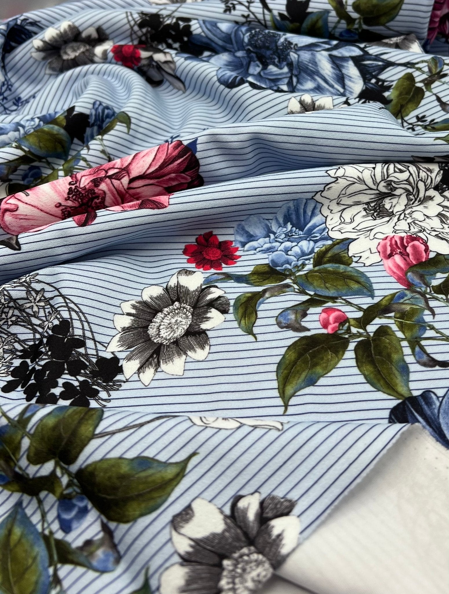 Pinstripe Blue Floral Printed Scuba Crepe Jersey Fabric 4 Way Stretch - T9 Fabrics