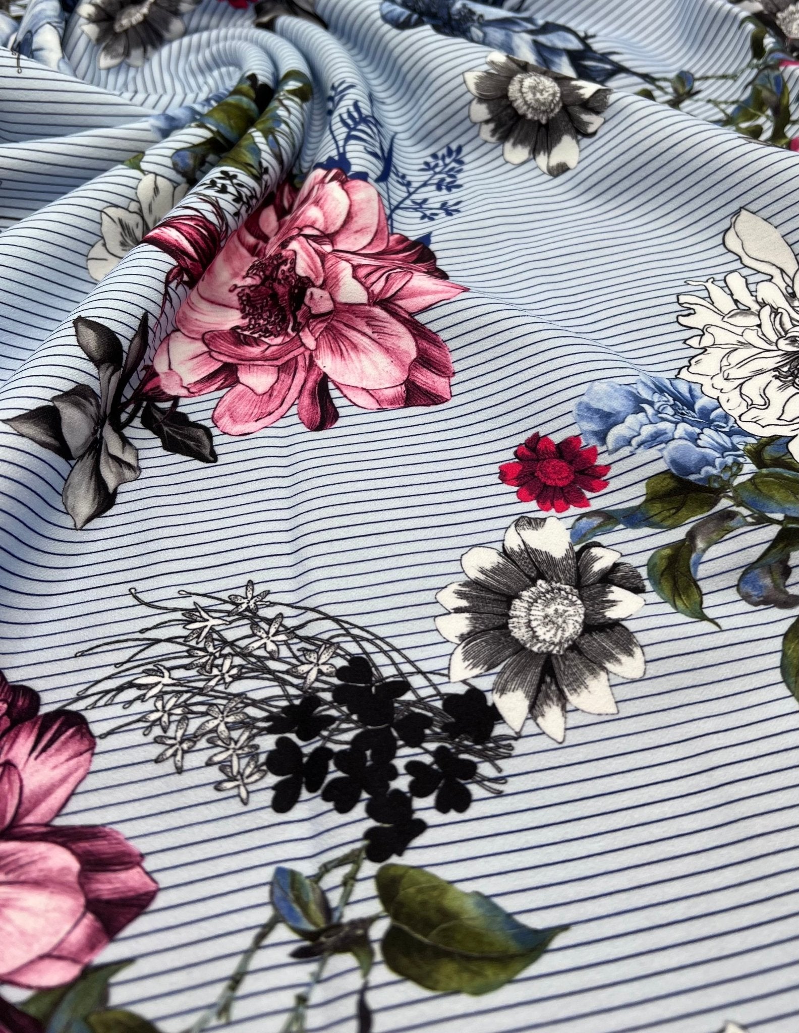 Pinstripe Blue Floral Printed Scuba Crepe Jersey Fabric 4 Way Stretch - T9 Fabrics