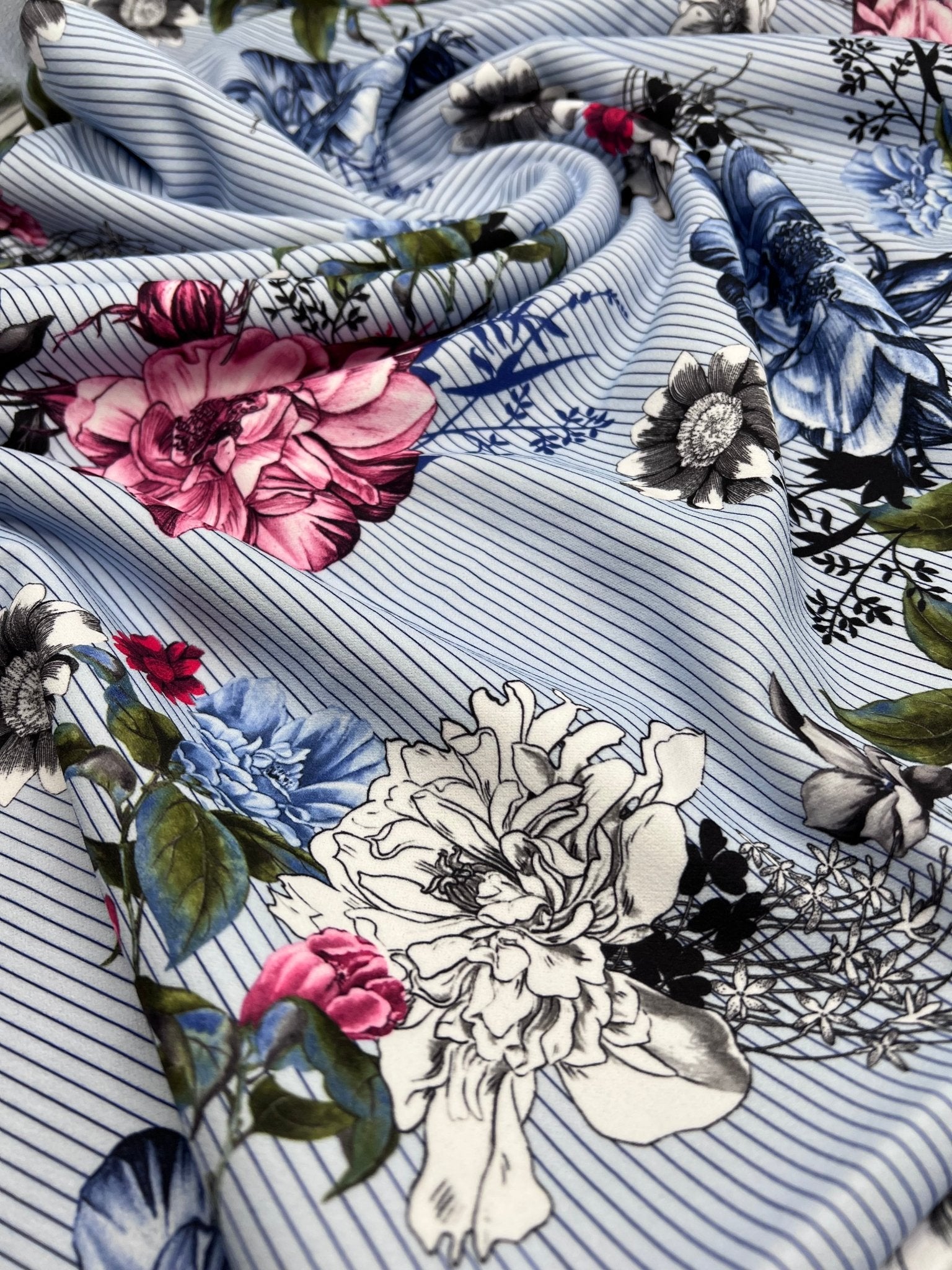 Pinstripe Blue Floral Printed Scuba Crepe Jersey Fabric 4 Way Stretch - T9 Fabrics