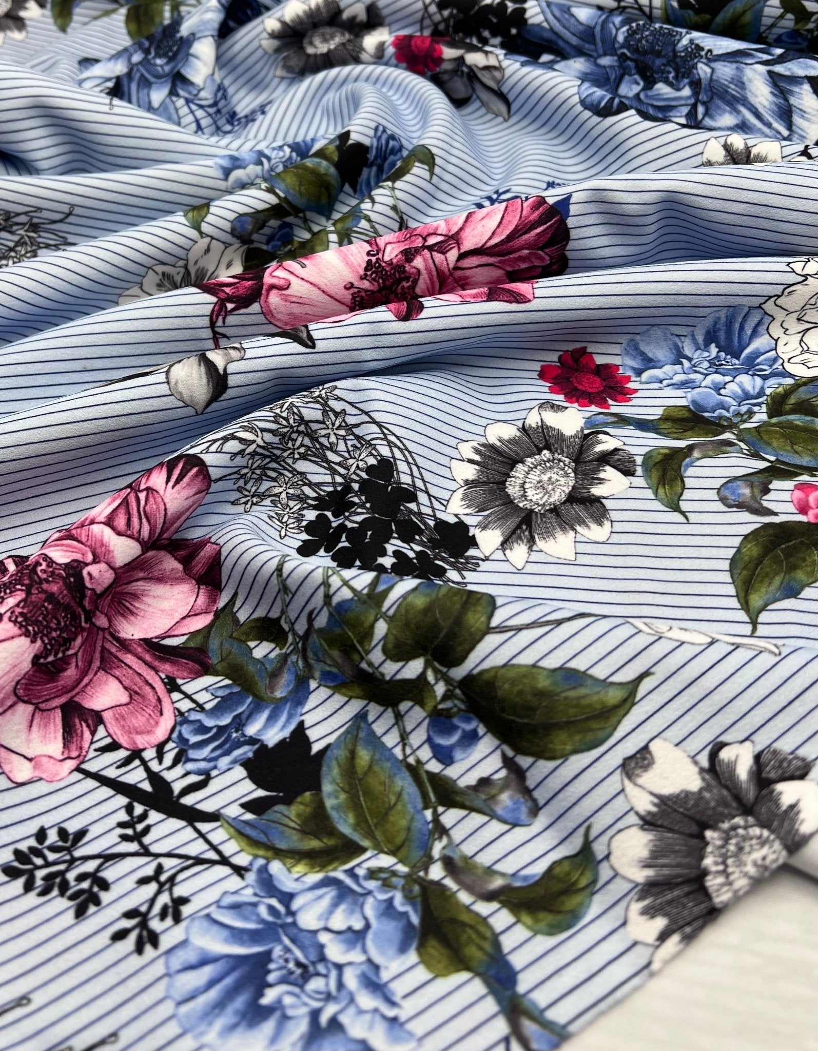 Pinstripe Blue Floral Printed Scuba Crepe Jersey Fabric 4 Way Stretch - T9 Fabrics