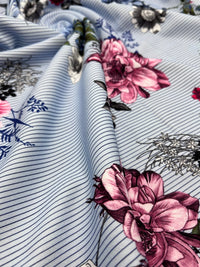 Pinstripe Blue Floral Printed Scuba Crepe Jersey Fabric 4 Way Stretch - T9 Fabrics