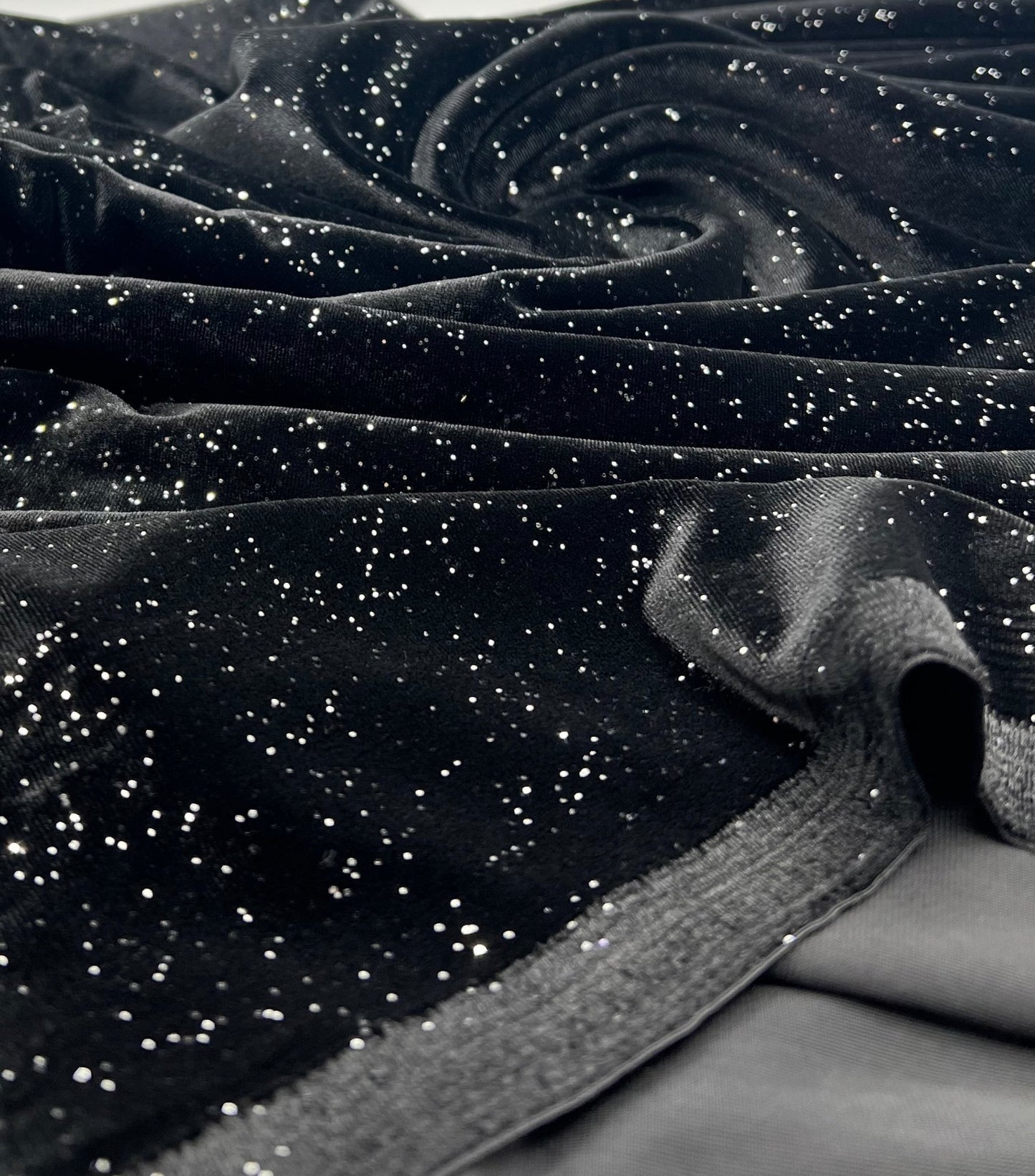 Plain Black Metallic Sparkle Glitter Velour Stretch Fabric - T9 Fabrics