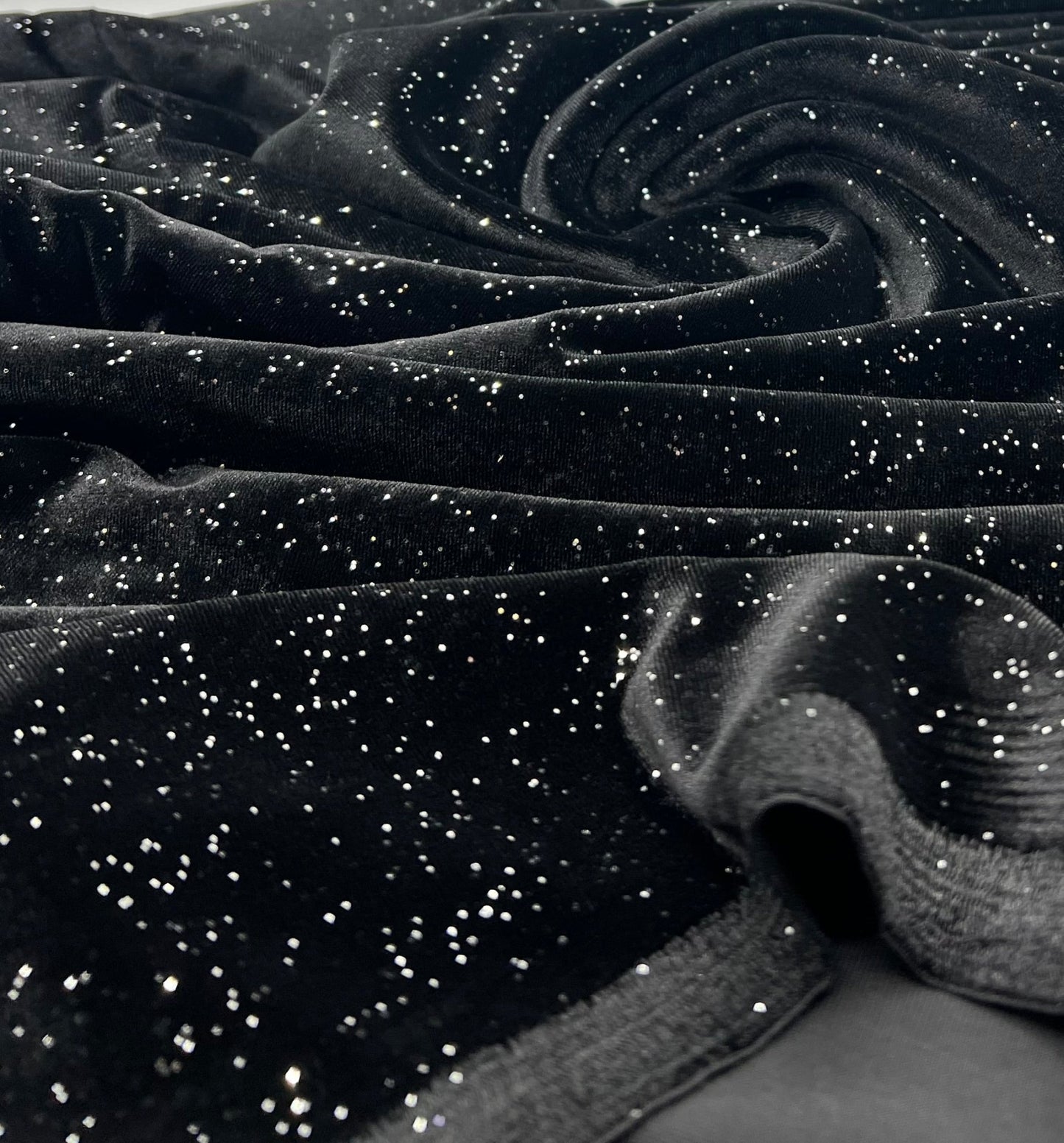 Plain Black Metallic Sparkle Glitter Velour Stretch Fabric - T9 Fabrics