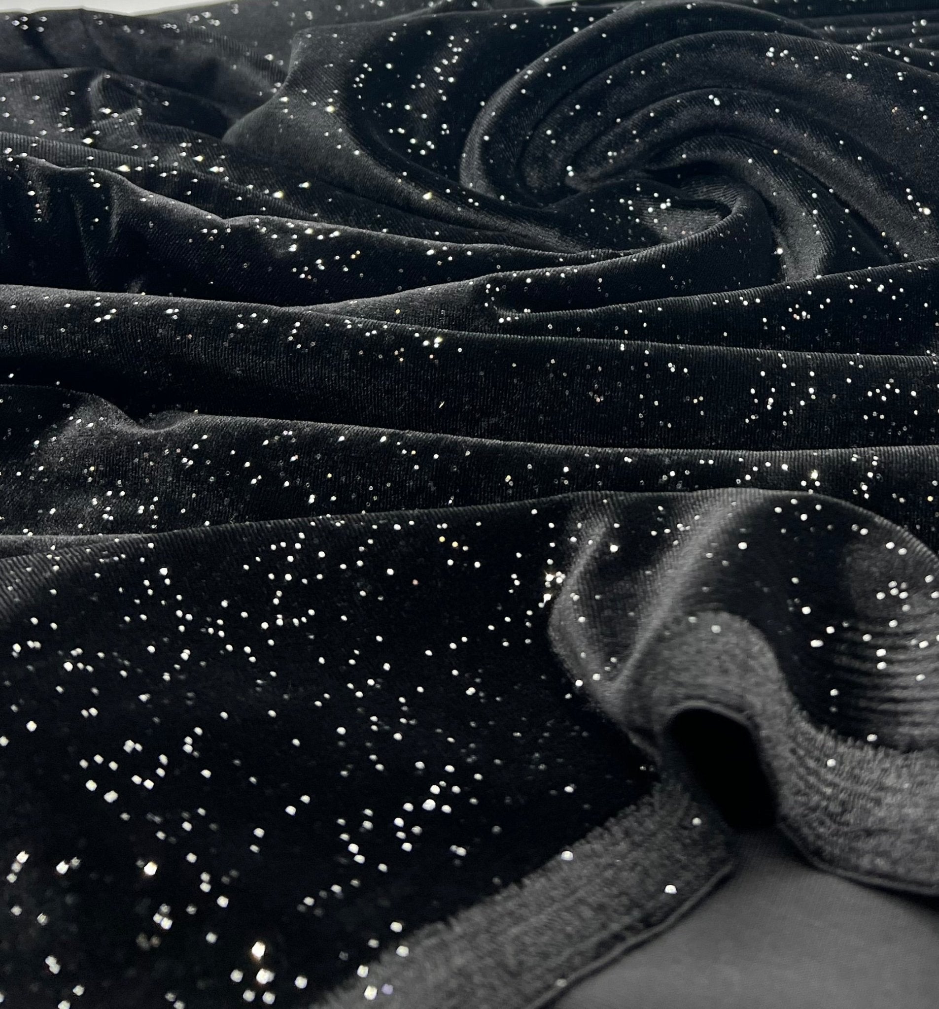 Plain Black Metallic Sparkle Glitter Velour Stretch Fabric - T9 Fabrics