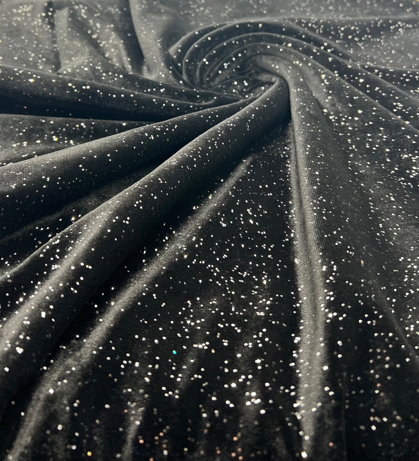 Plain Black Metallic Sparkle Glitter Velour Stretch Fabric - T9 Fabrics
