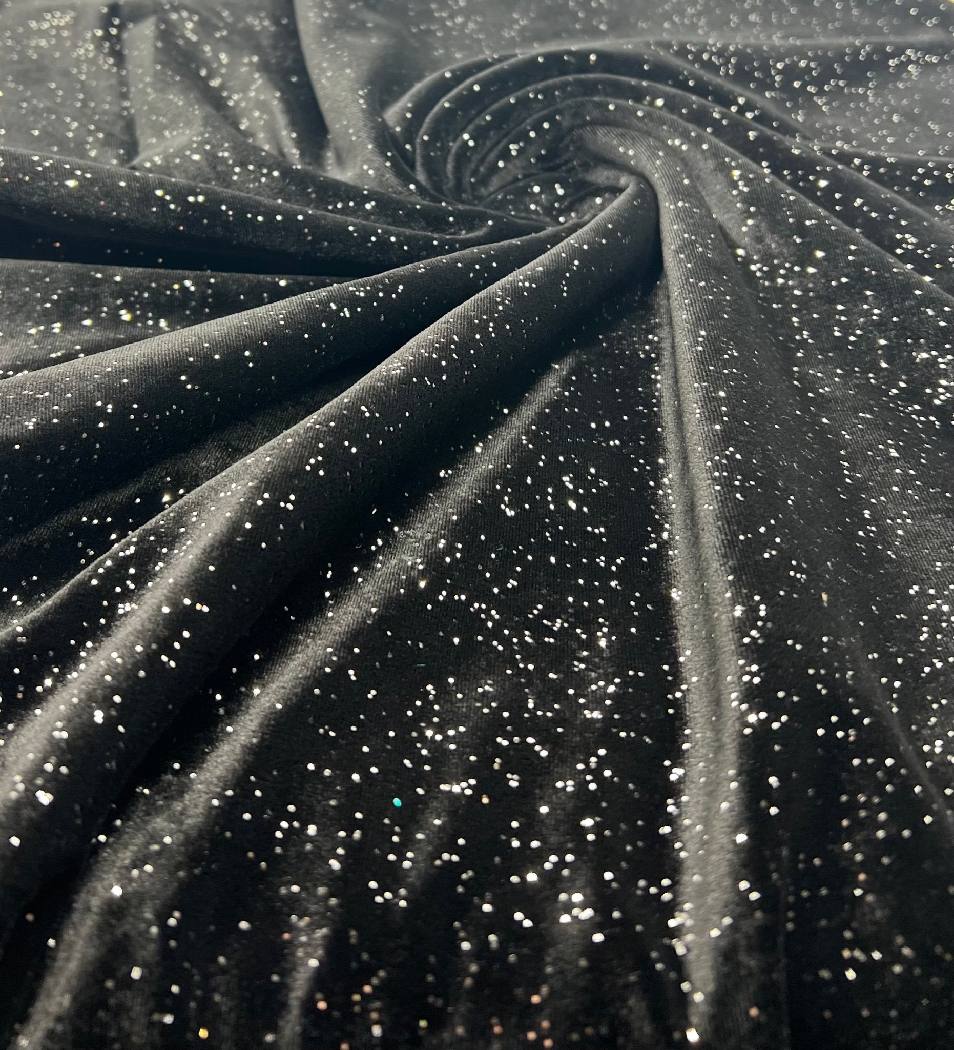 Plain Black Metallic Sparkle Glitter Velour Stretch Fabric - T9 Fabrics