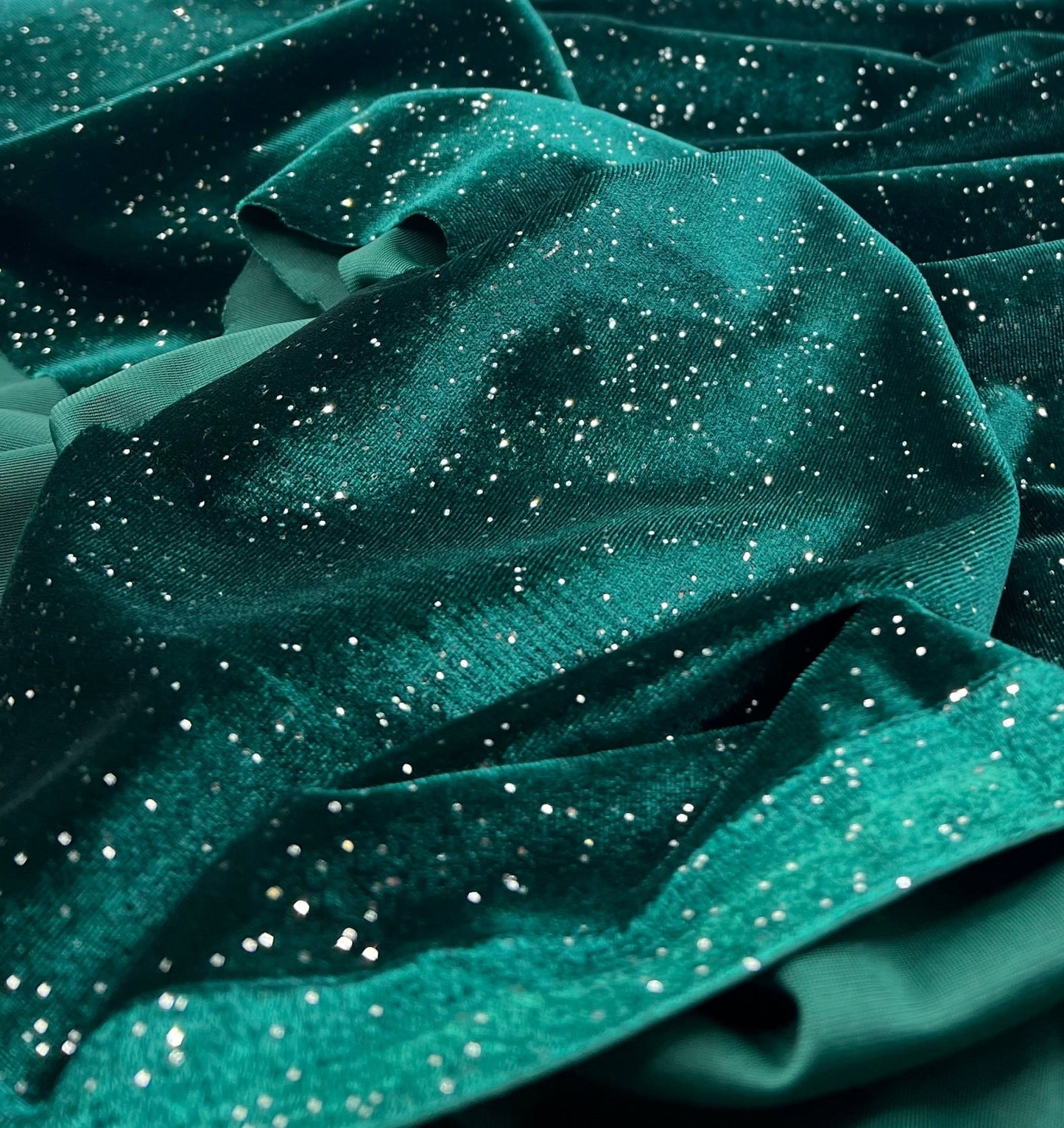 Plain Bottle Green Metallic Sparkle Glitter Velour Stretch Fabric - T9 Fabrics