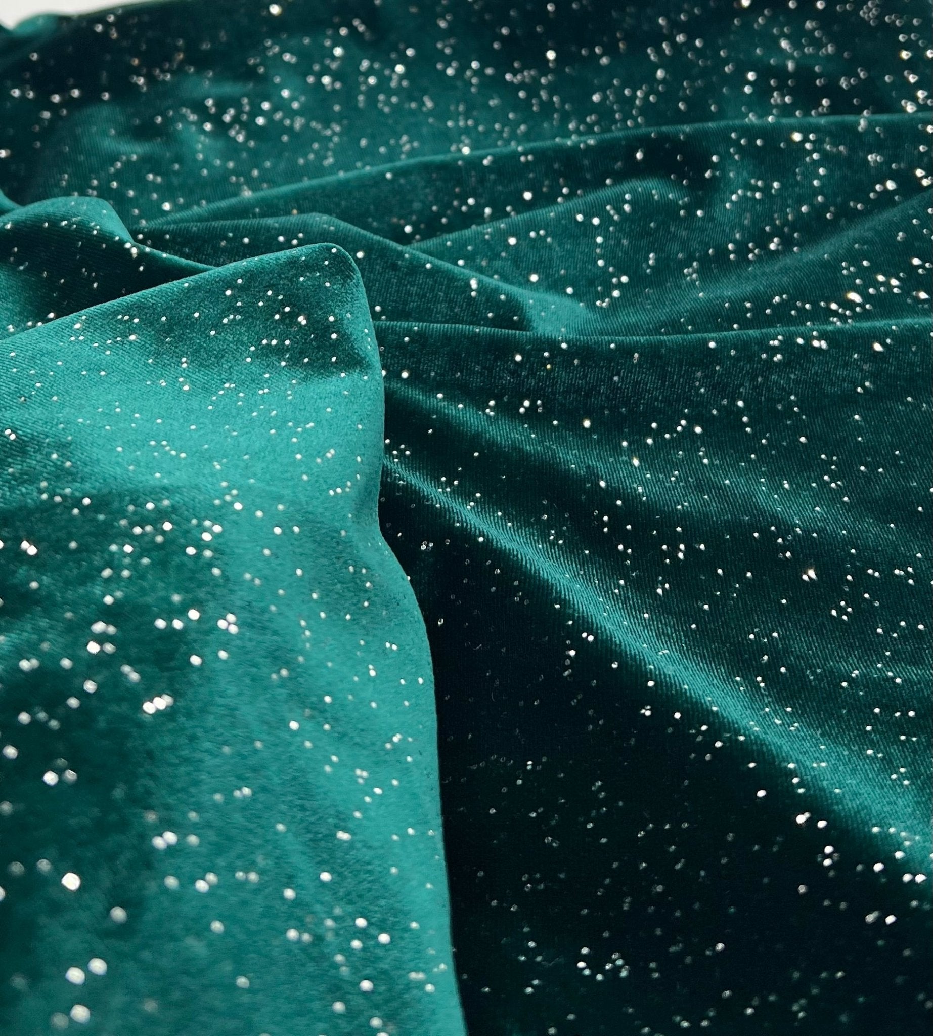 Plain Bottle Green Metallic Sparkle Glitter Velour Stretch Fabric - T9 Fabrics