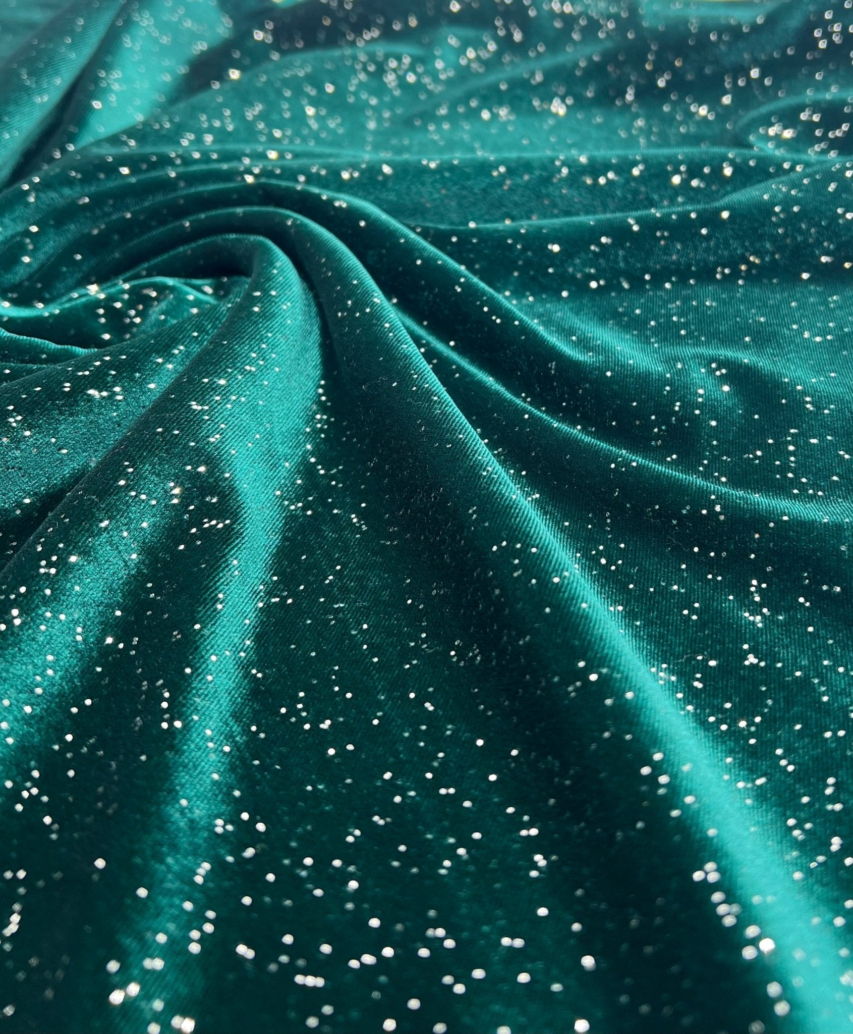 Plain Bottle Green Metallic Sparkle Glitter Velour Stretch Fabric - T9 Fabrics