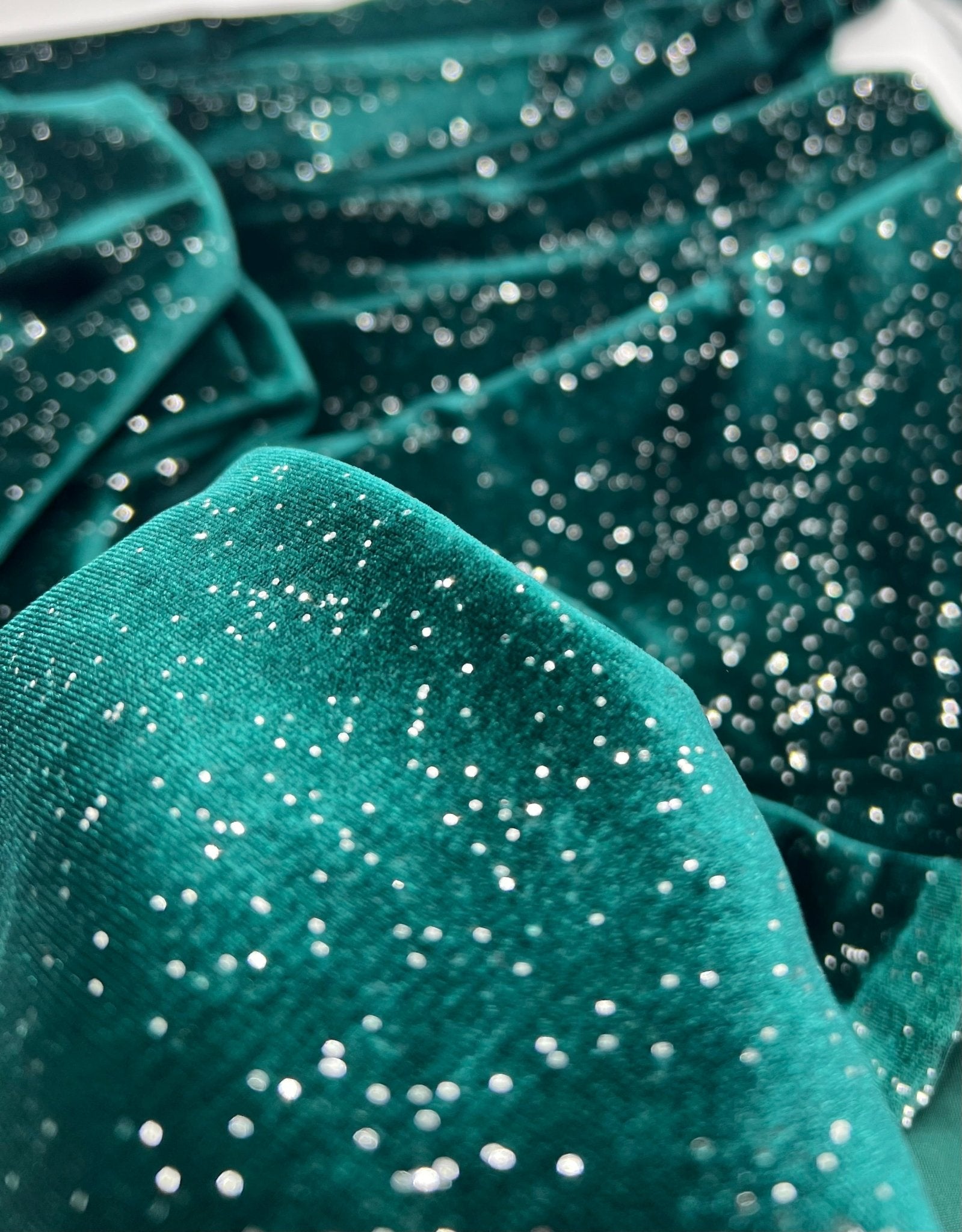 Plain Bottle Green Metallic Sparkle Glitter Velour Stretch Fabric - T9 Fabrics