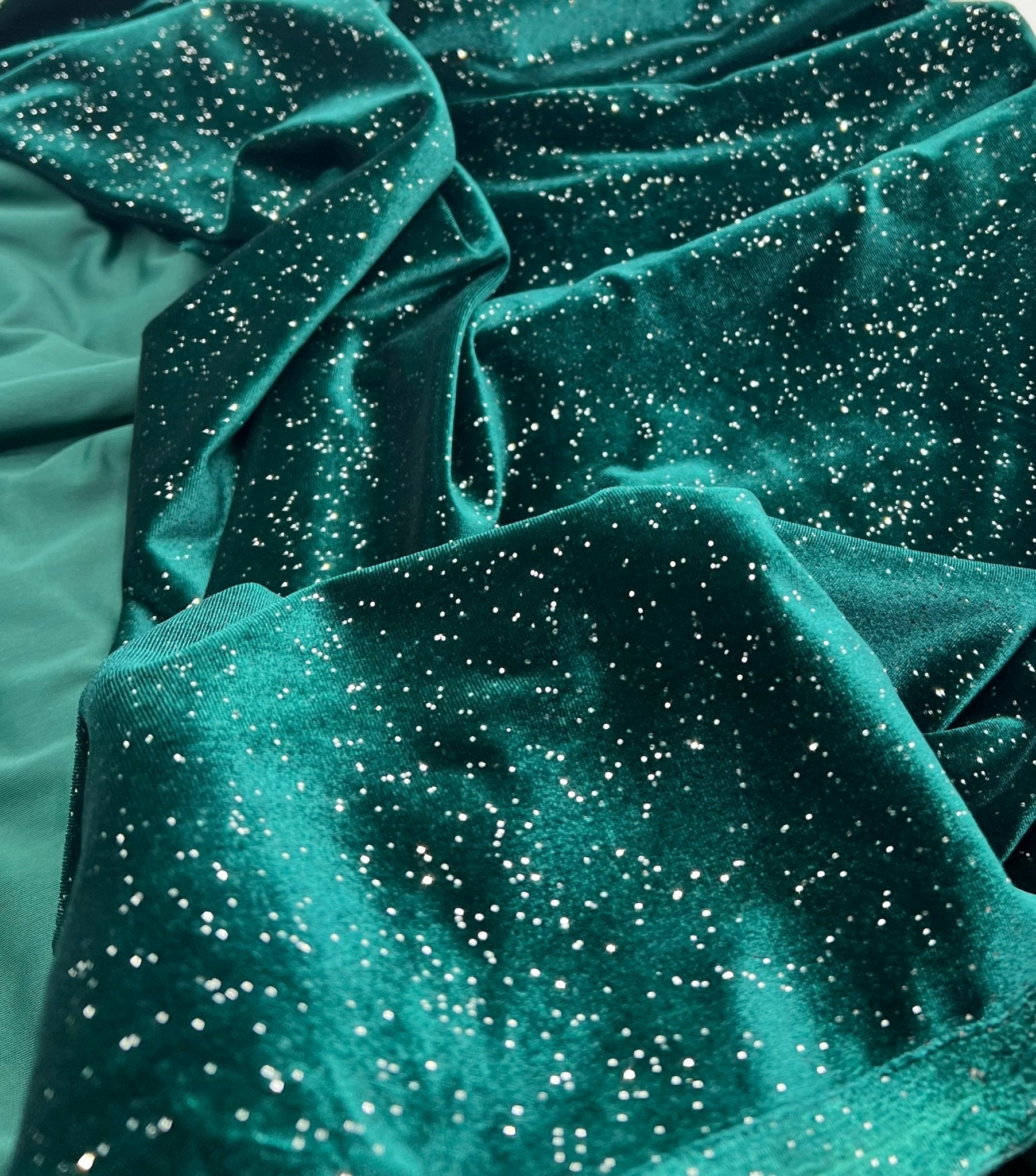 Plain Bottle Green Metallic Sparkle Glitter Velour Stretch Fabric - T9 Fabrics