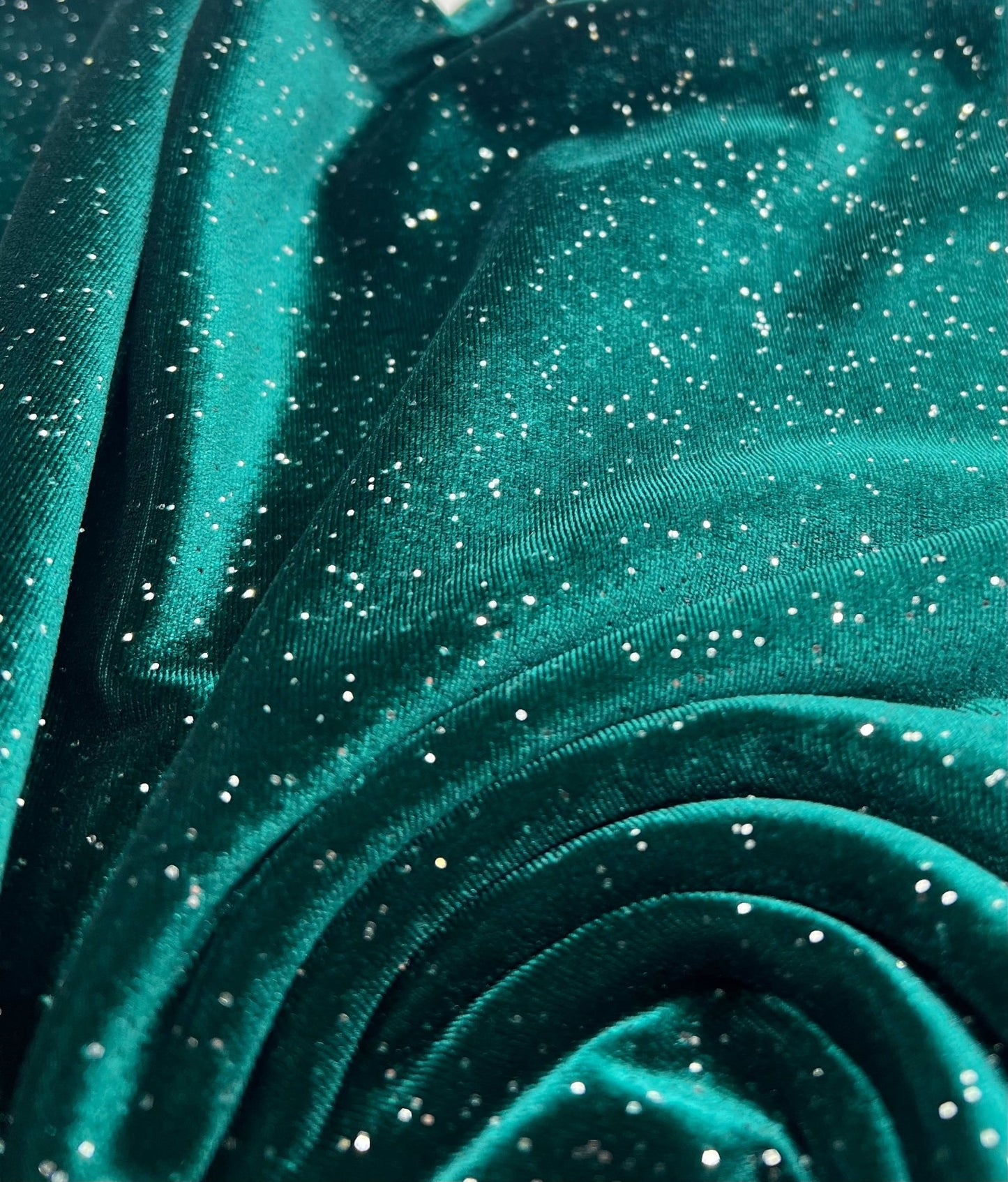 Plain Bottle Green Metallic Sparkle Glitter Velour Stretch Fabric - T9 Fabrics