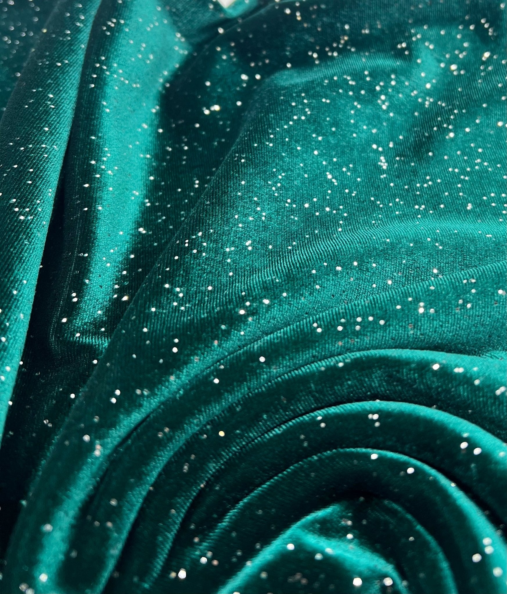Plain Bottle Green Metallic Sparkle Glitter Velour Stretch Fabric - T9 Fabrics