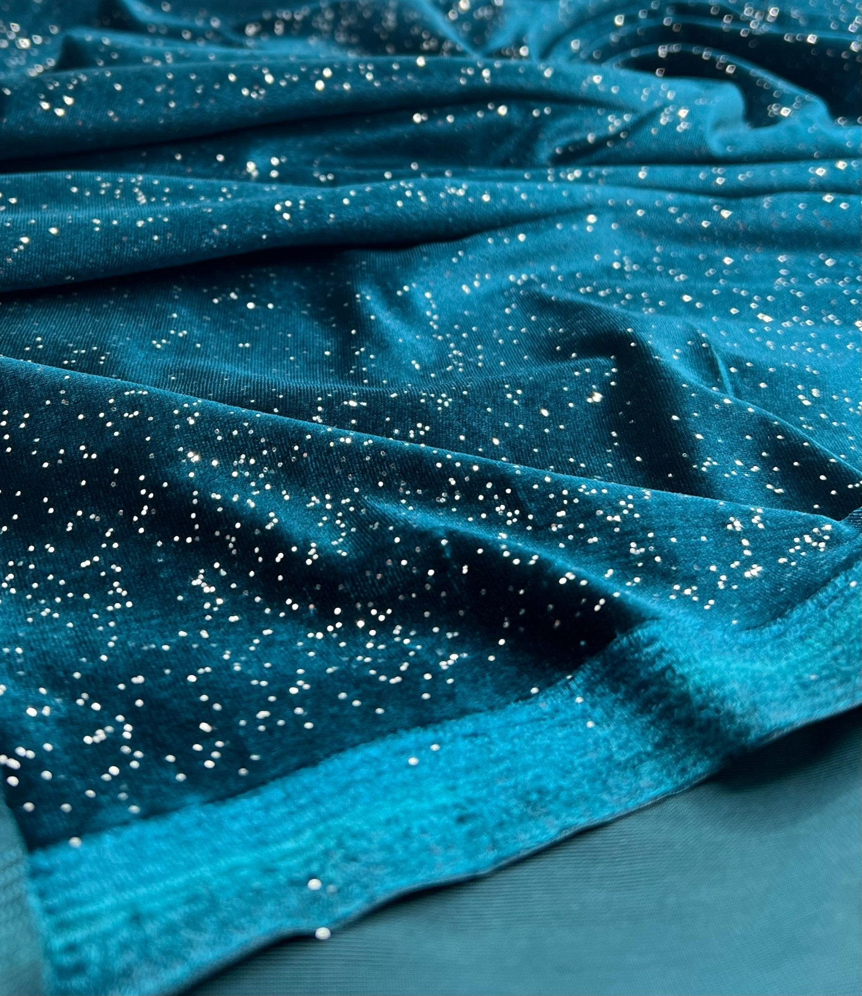 Plain Teal Metallic Sparkle Glitter Velour Stretch Fabric - T9 Fabrics