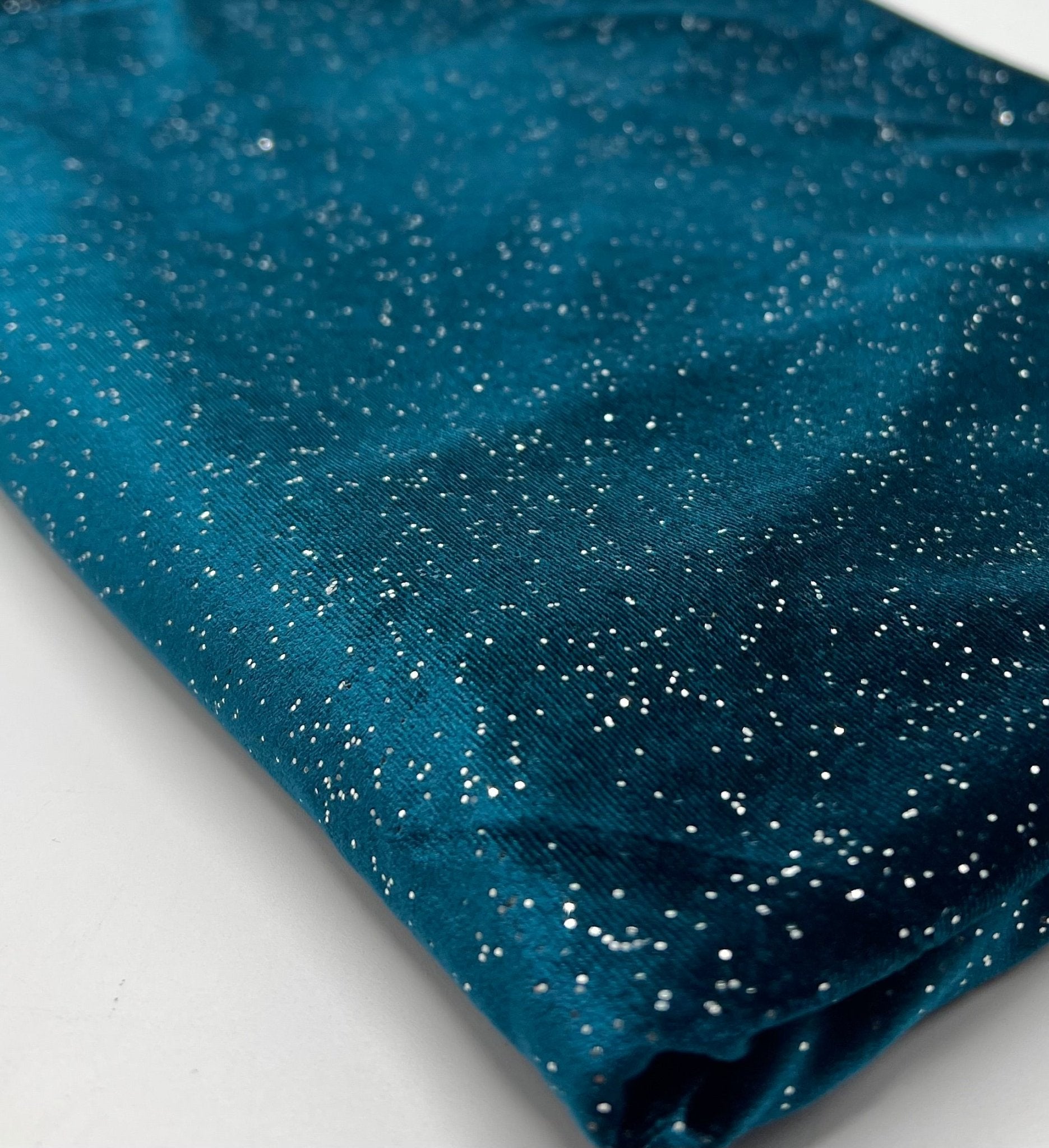 Plain Teal Metallic Sparkle Glitter Velour Stretch Fabric - T9 Fabrics