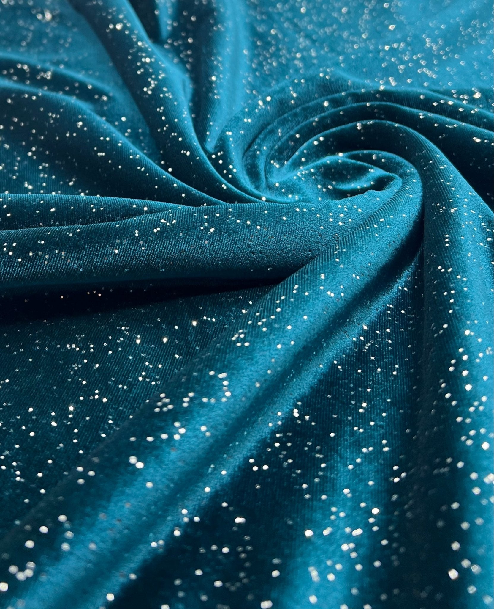 Plain Teal Metallic Sparkle Glitter Velour Stretch Fabric - T9 Fabrics