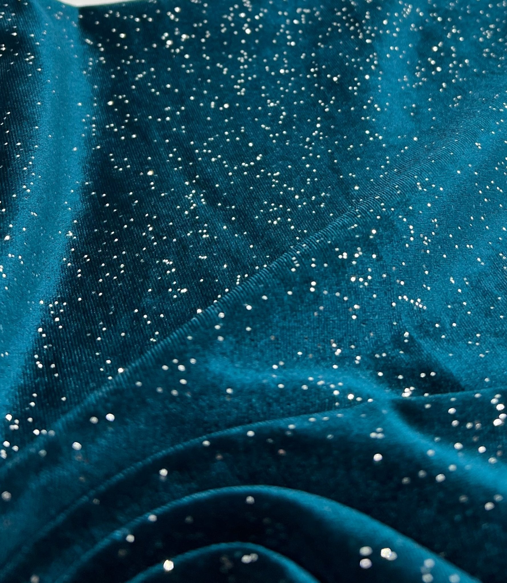Plain Teal Metallic Sparkle Glitter Velour Stretch Fabric - T9 Fabrics