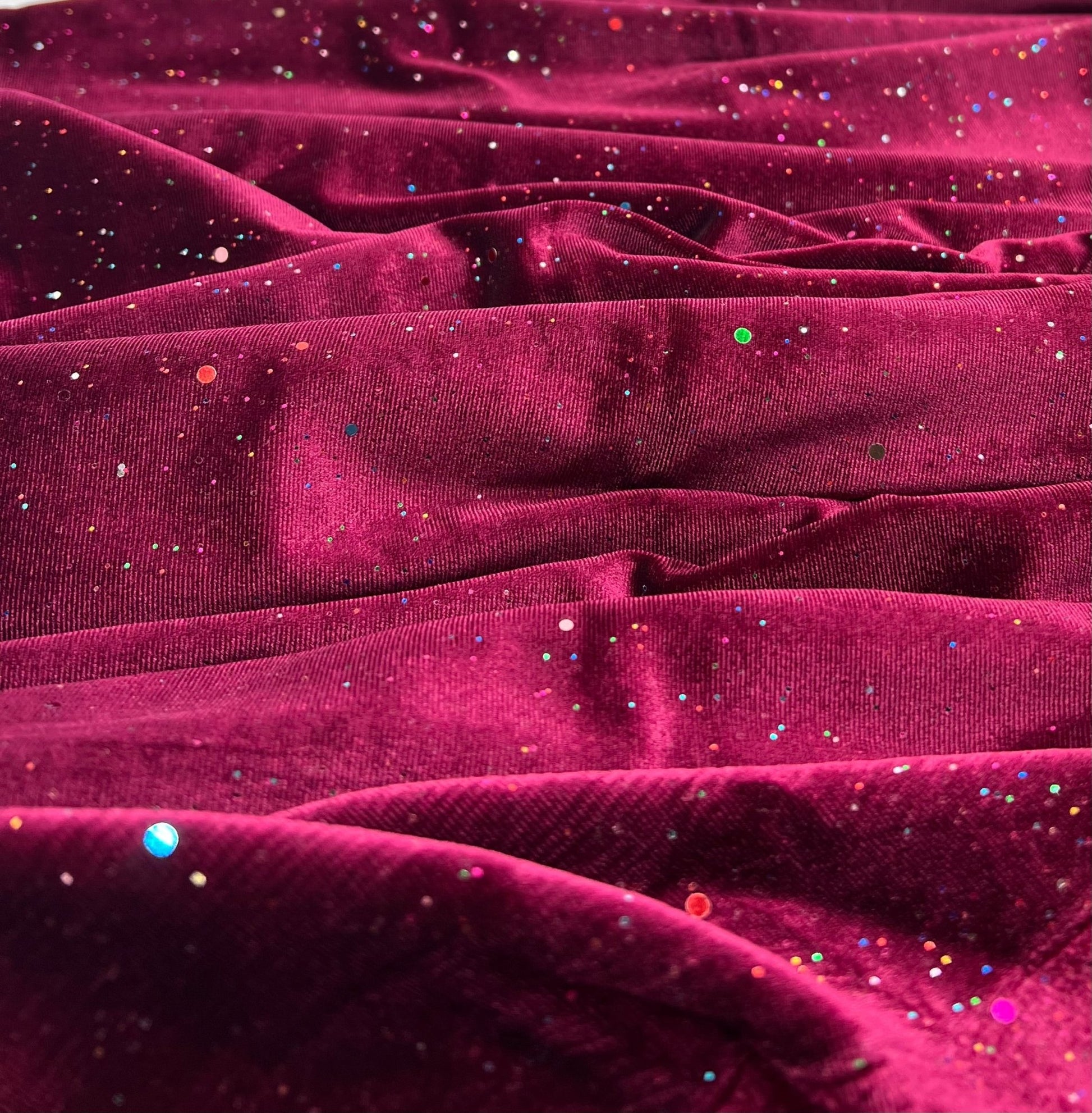 Plain Wine Multi Metallic Sparkle Glitter Velour Stretch Fabric - T9 Fabrics