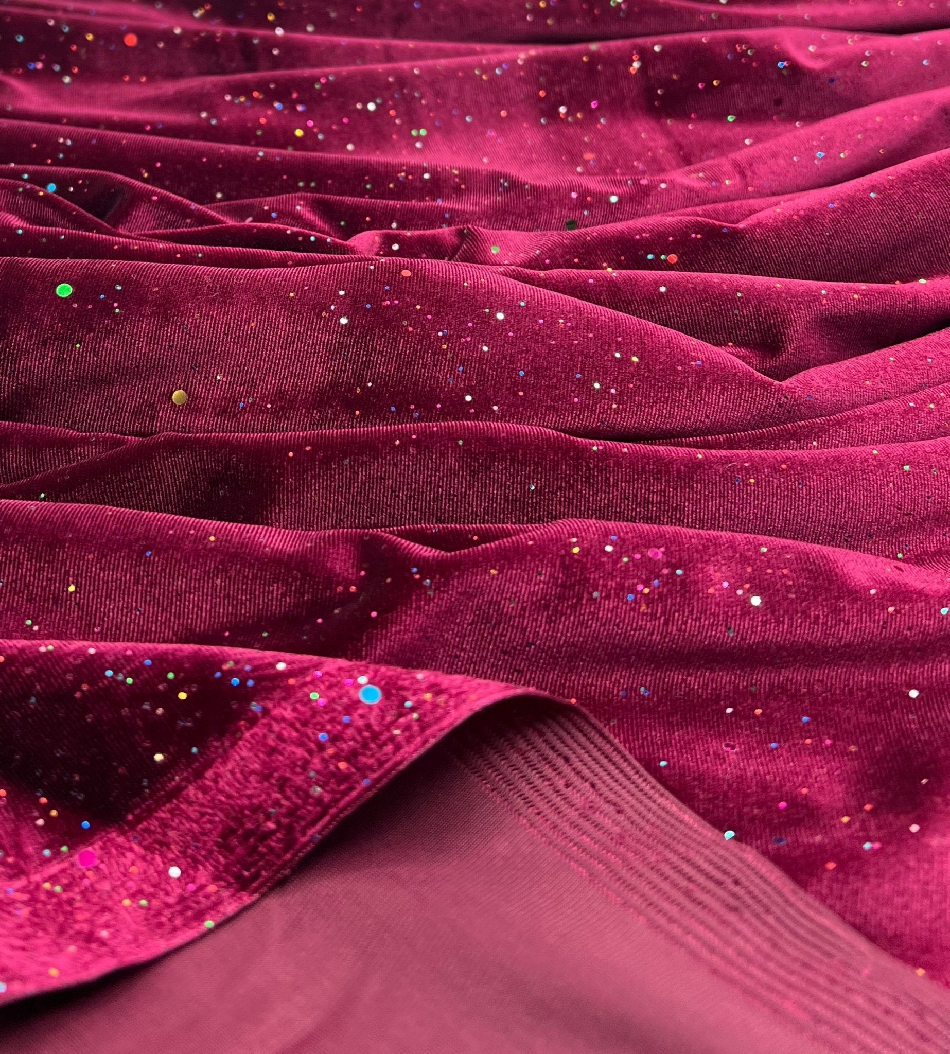 Plain Wine Multi Metallic Sparkle Glitter Velour Stretch Fabric - T9 Fabrics