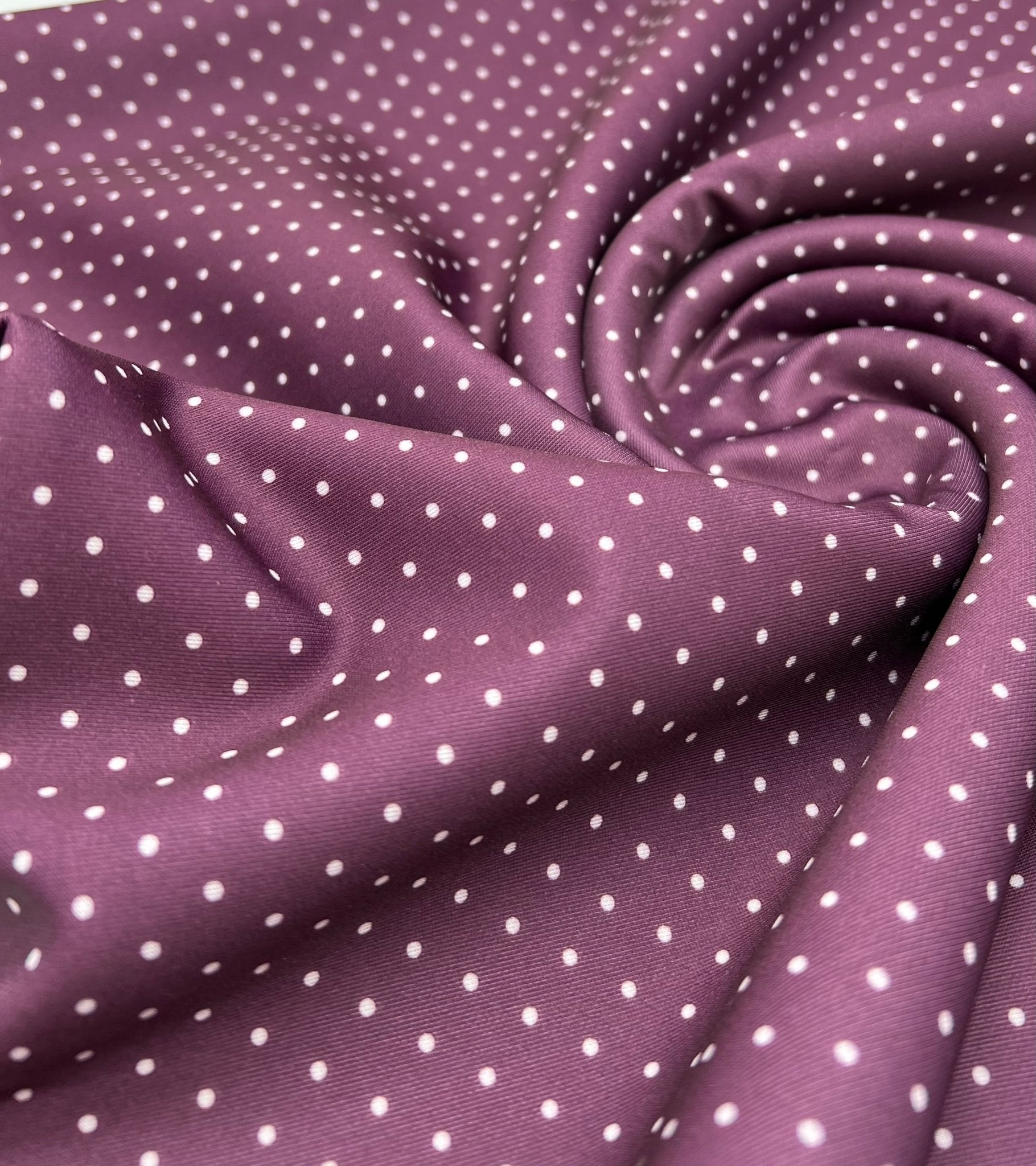 Plum White Small Polka Dot Printed Plain Scuba Fabric - T9 Fabrics