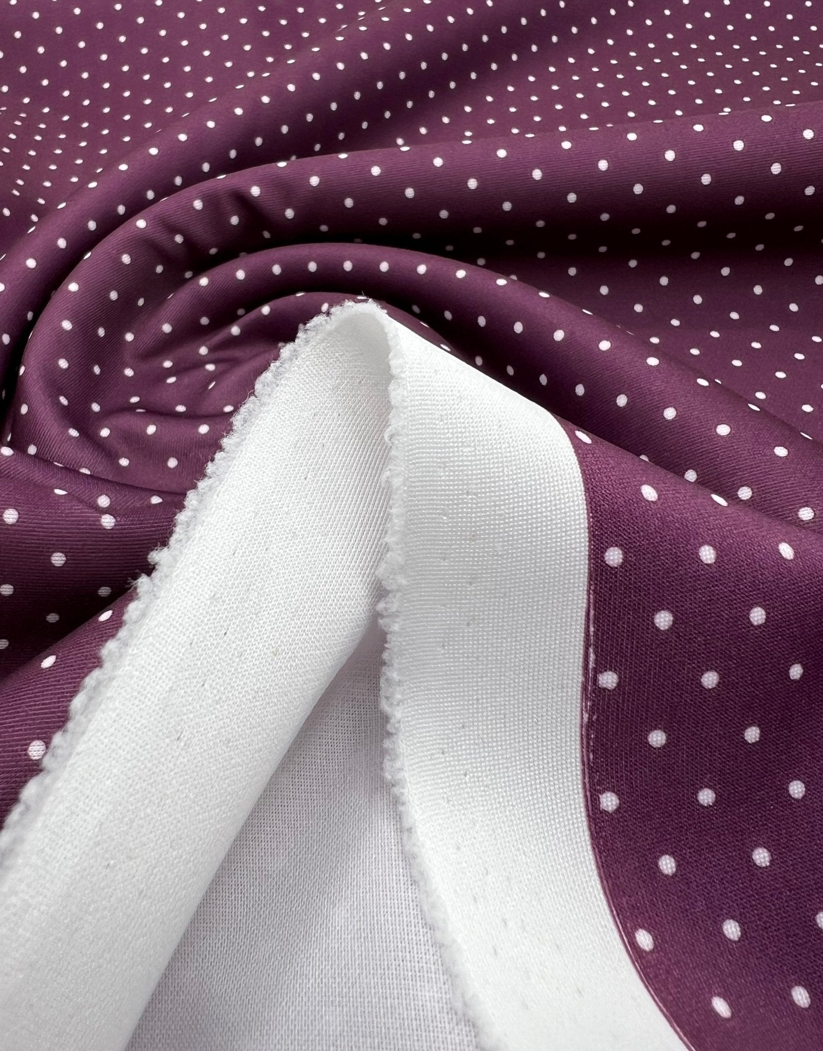 Plum White Small Polka Dot Printed Plain Scuba Fabric - T9 Fabrics